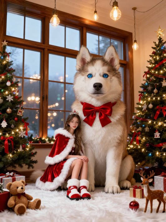 The Christmas Guardian Pet Portrait, Custom Giant Pet Holiday Art