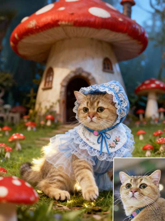 Wonderland Explorer Pet Portrait | Custom Fairy Tale Mushroom Forest Art | Blue Lace Dress & Bonnet