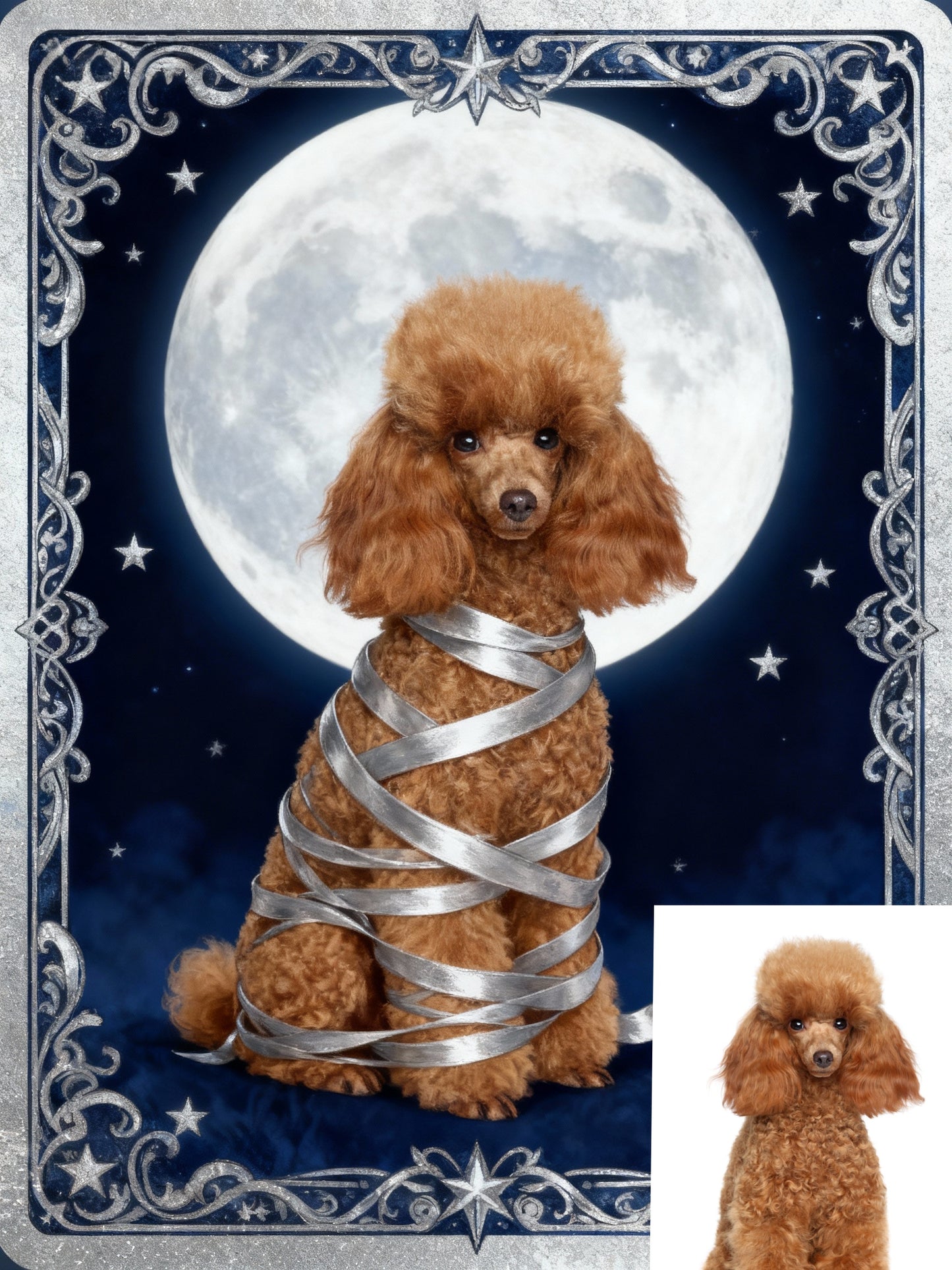 The Star Guardian Pet Portrait | Custom Tarot Card Style Art | Lunar Messenger & Silver Filigree Frame