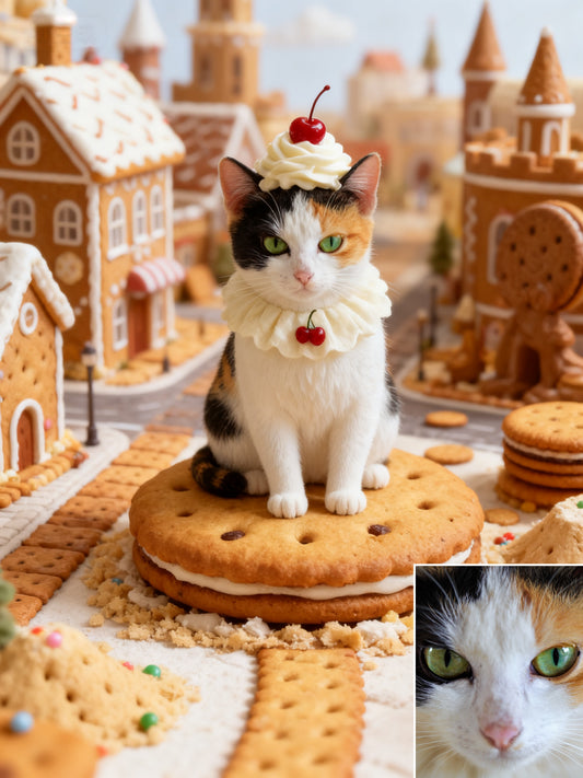 The Confectionery Kingdom Pet Portrait, Custom Pet Art in a Sweet Gingerbread City
