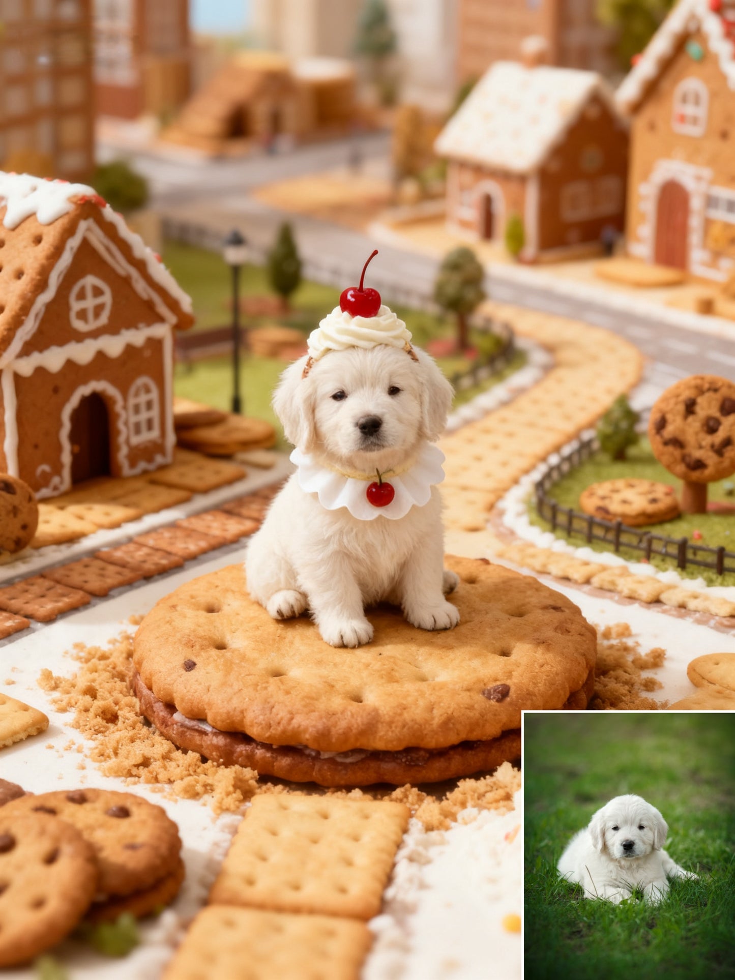 The Confectionery Kingdom Pet Portrait, Custom Pet Art in a Sweet Gingerbread City