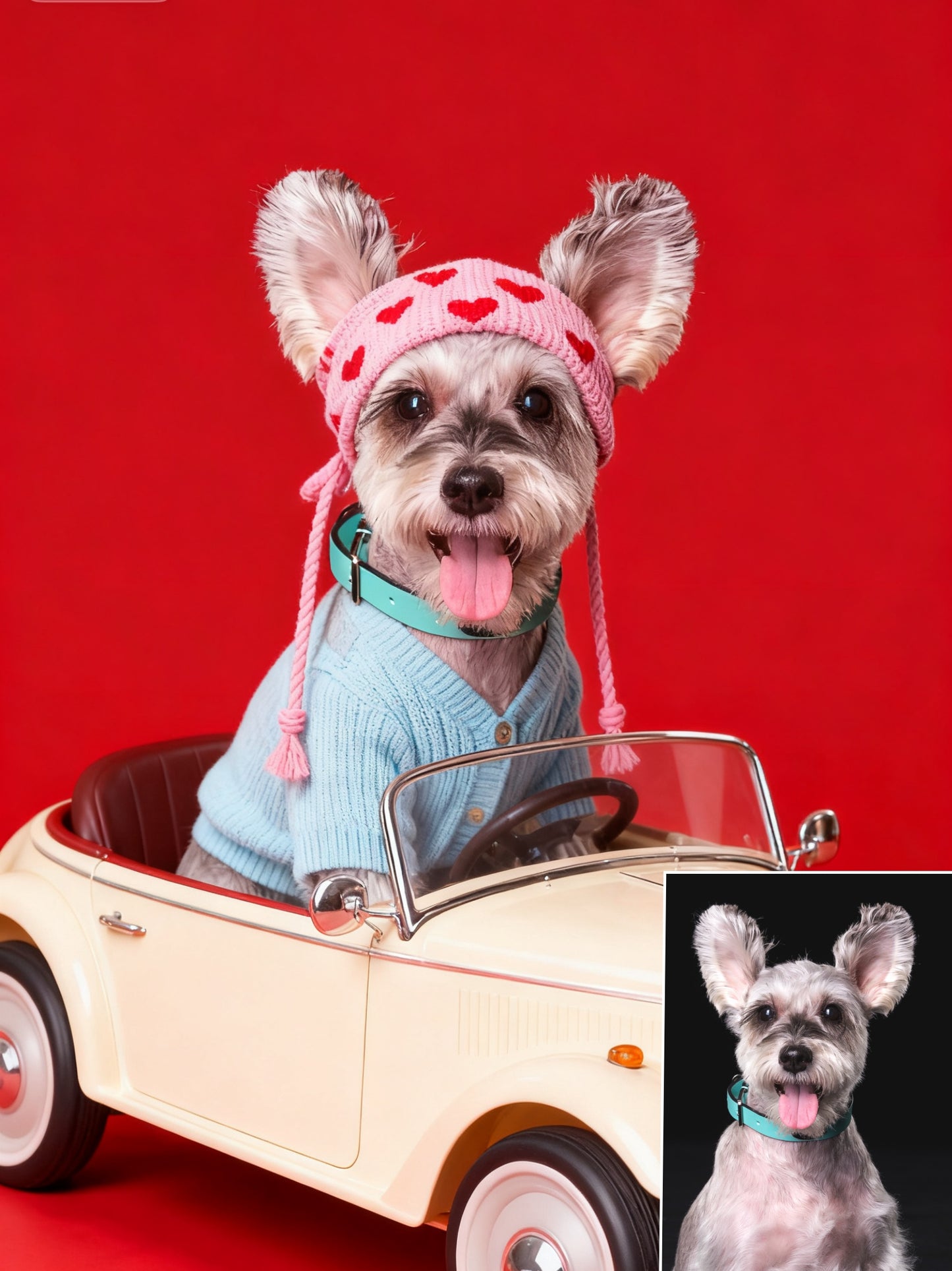 The Love Bug Custom Pet Portrait, Retro Pet in Car with Hearts & Sweater