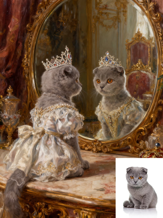 The Royal Dressing Table Pet Portrait, Custom Regal Oil Painting Style Art