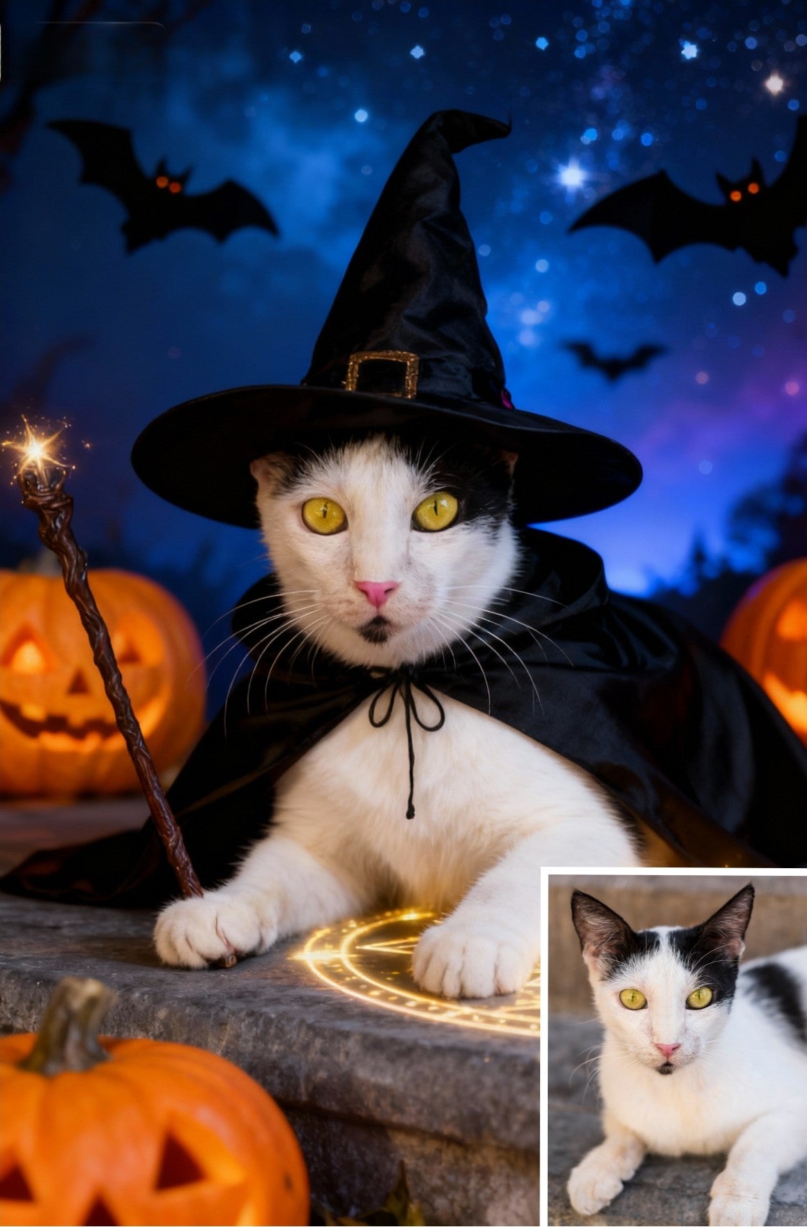 Enchanted Halloween Pet Portrait, Custom Witch & Wizard Art Gift