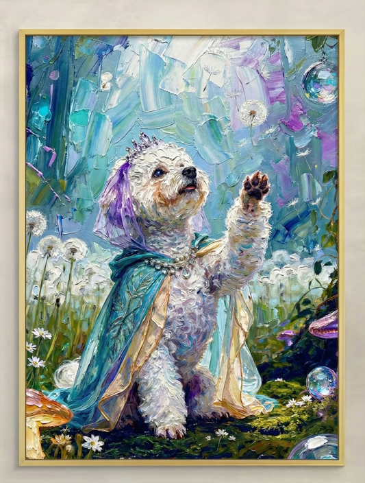 Dog in a fantasy costume standing in a magical forest with flowers and mushrooms.