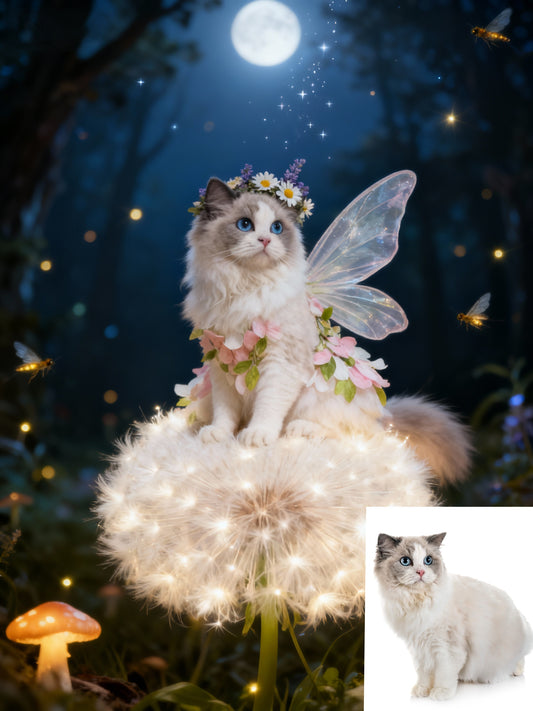 Moonlight Fairy Pet Portrait, Custom Mystical Art Gift