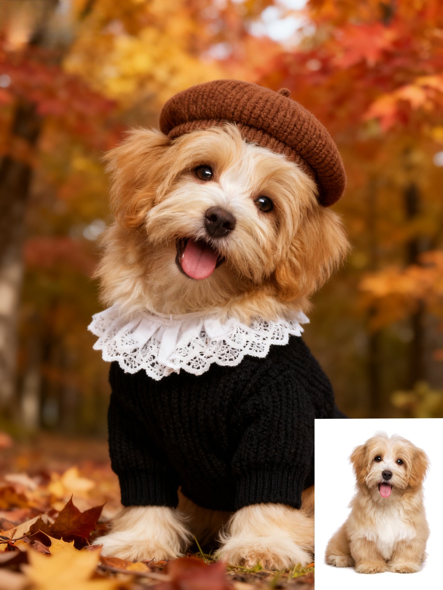 The Maple Artist Custom Pet Portrait, Autumn Beret & Ruffle Collar Fall Foliage Art