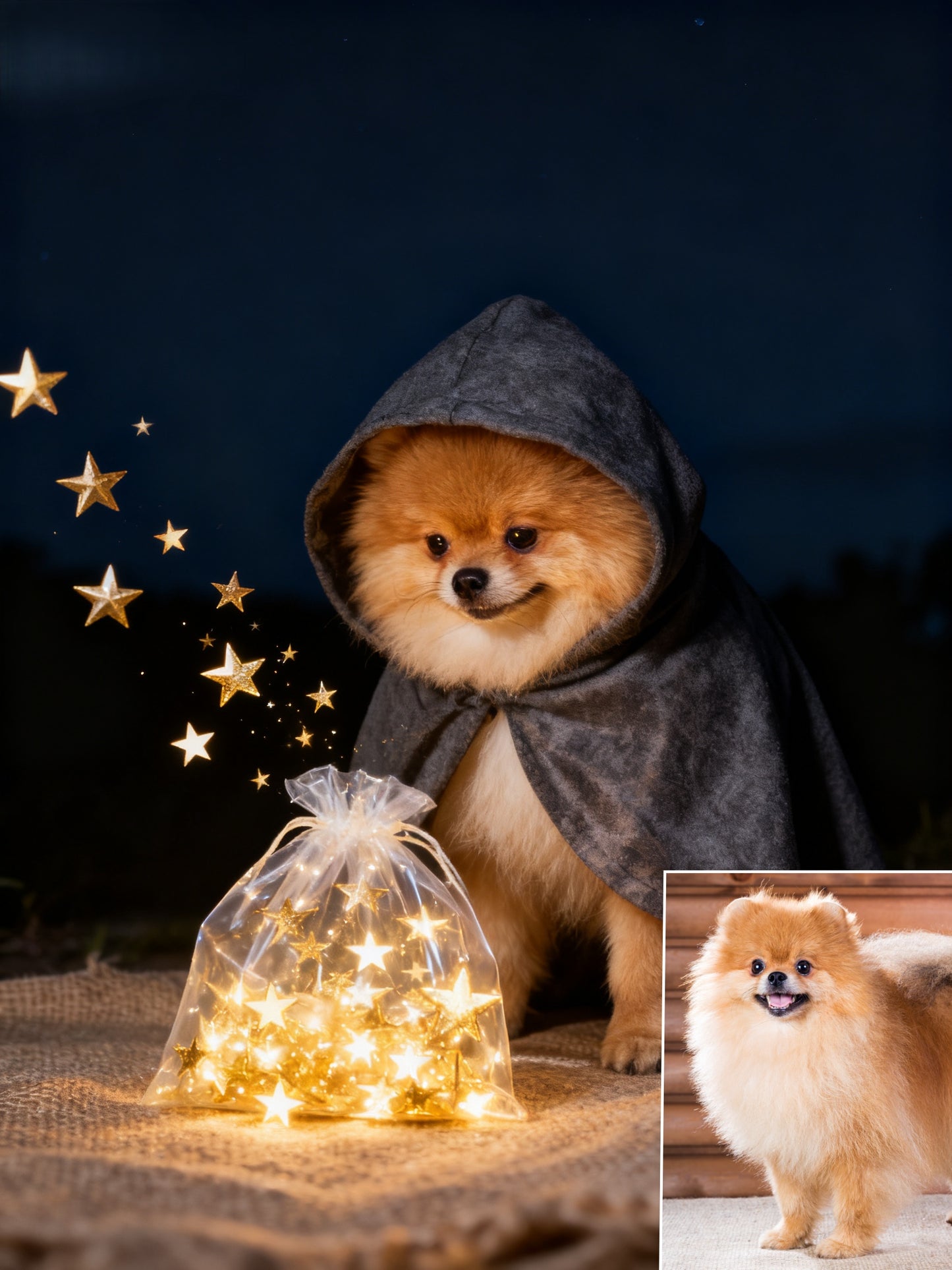 The Stardust Mage Custom Pet Portrait | Magical Pet in Cloak Collecting Stars | Whimsical Fantasy Art