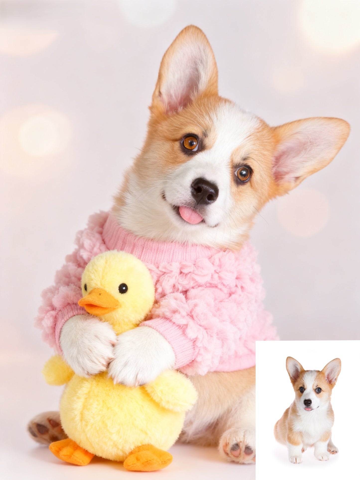The Snuggle Duckling Custom Pet Portrait, Cozy Pink Sweater & Beloved Toy Art