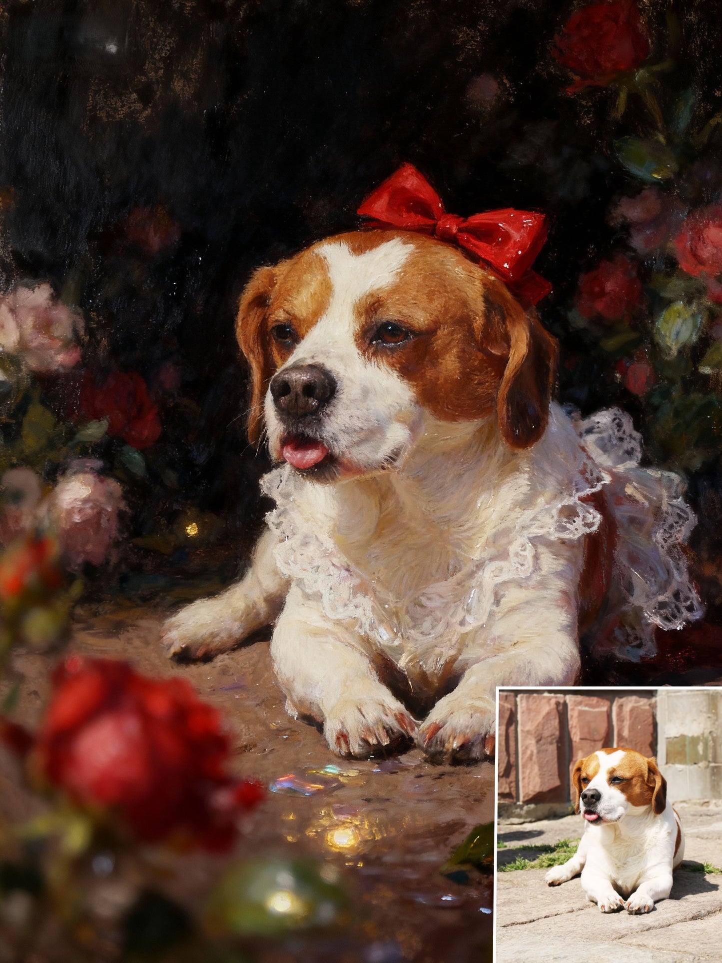 The Rose Noble Pet Portrait | Custom Classical Oil Painting Style | Lace Collar & Crimson Roses