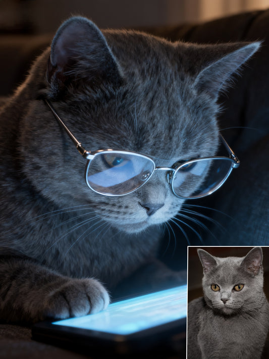The Digital Scholar Custom Pet Portrait, Intellectual Pet with Glasses & Screen Glow