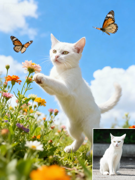 The Spring Leap Pet Portrait | Custom Dynamic Wide-Angle Flower Field Art | Chasing Butterflies