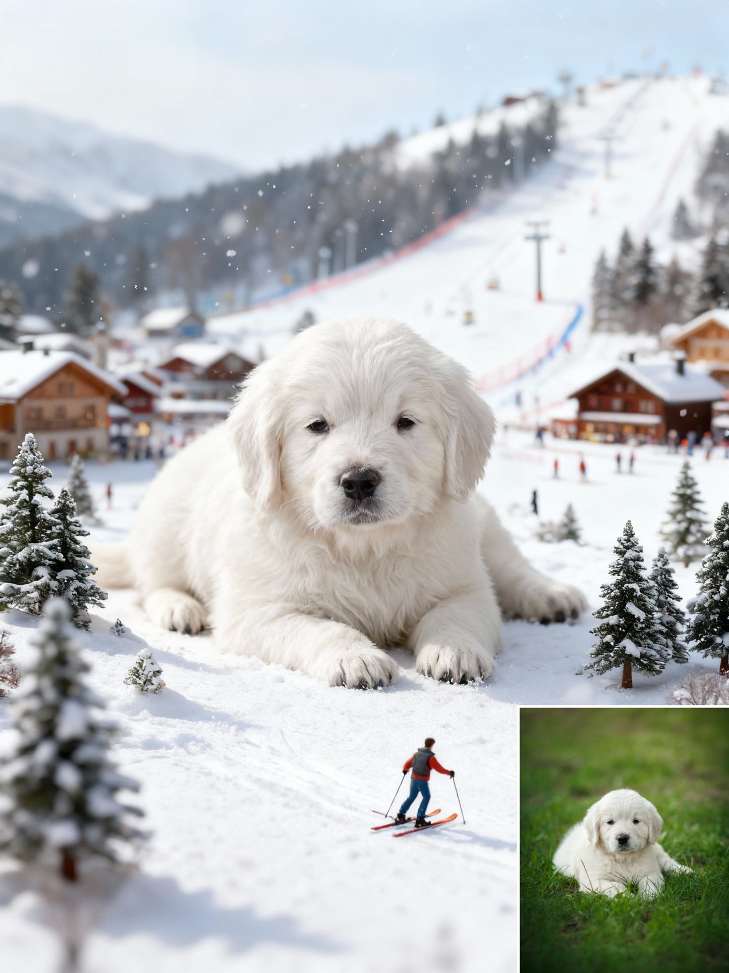 The Colossal Ski Adventure Pet Portrait | Custom Pet Gentle Giant Art | Epic Miniature Winter Fantasy Canvas