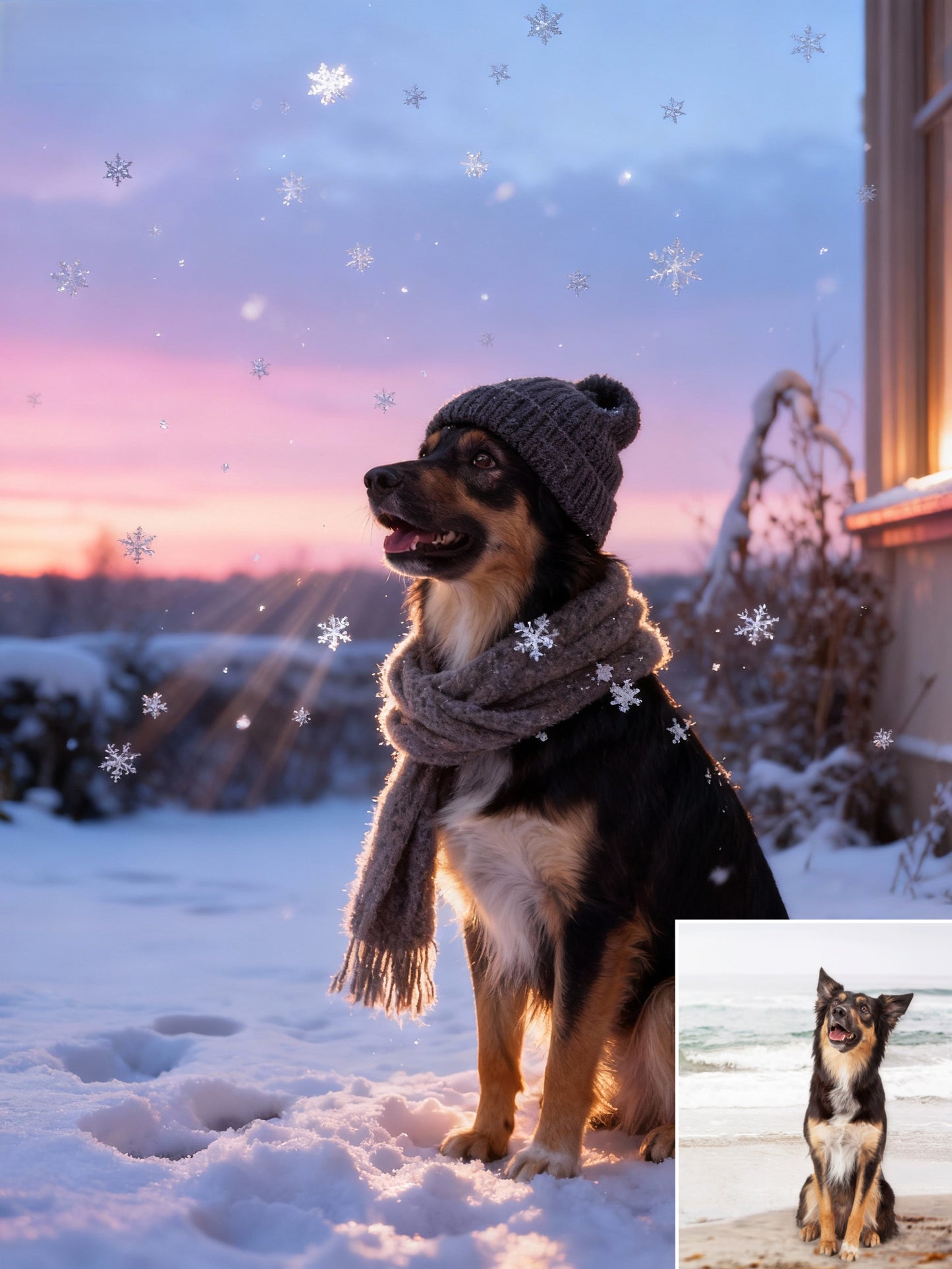 Magic Snowfall Pet Portrait | Custom Winter Hat & Scarf Art | Cozy Dreamy Pet Canvas