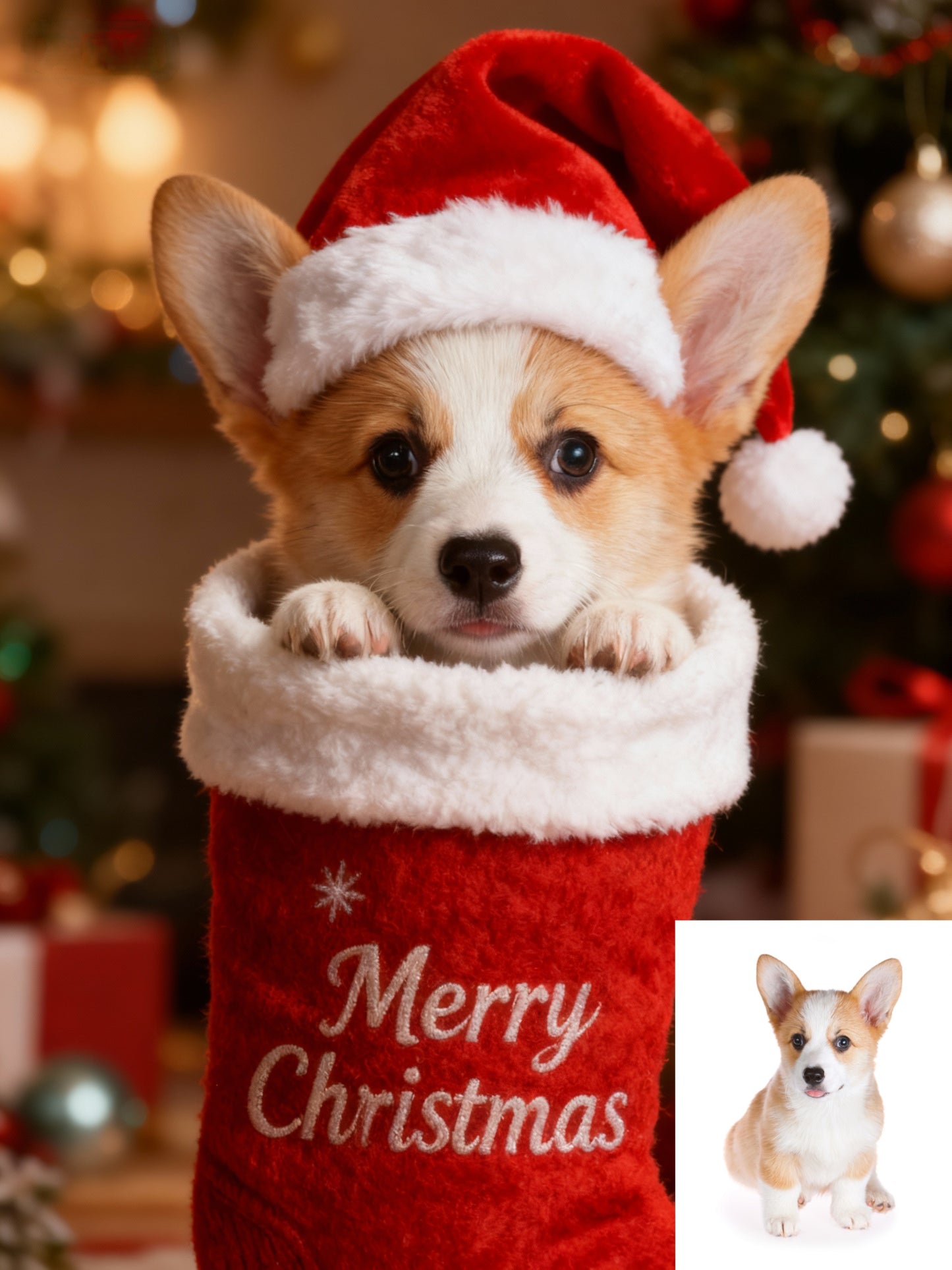 Holiday Stocking Surprise Pet Portrait | Custom Pet in Santa Hat & Stocking Art | Festive Christmas Gift