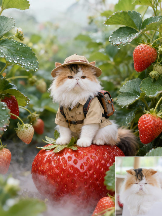 The Strawberry Safari Pet Portrait | Custom Miniature Explorer Art | Whimsical Macro Garden Canvas