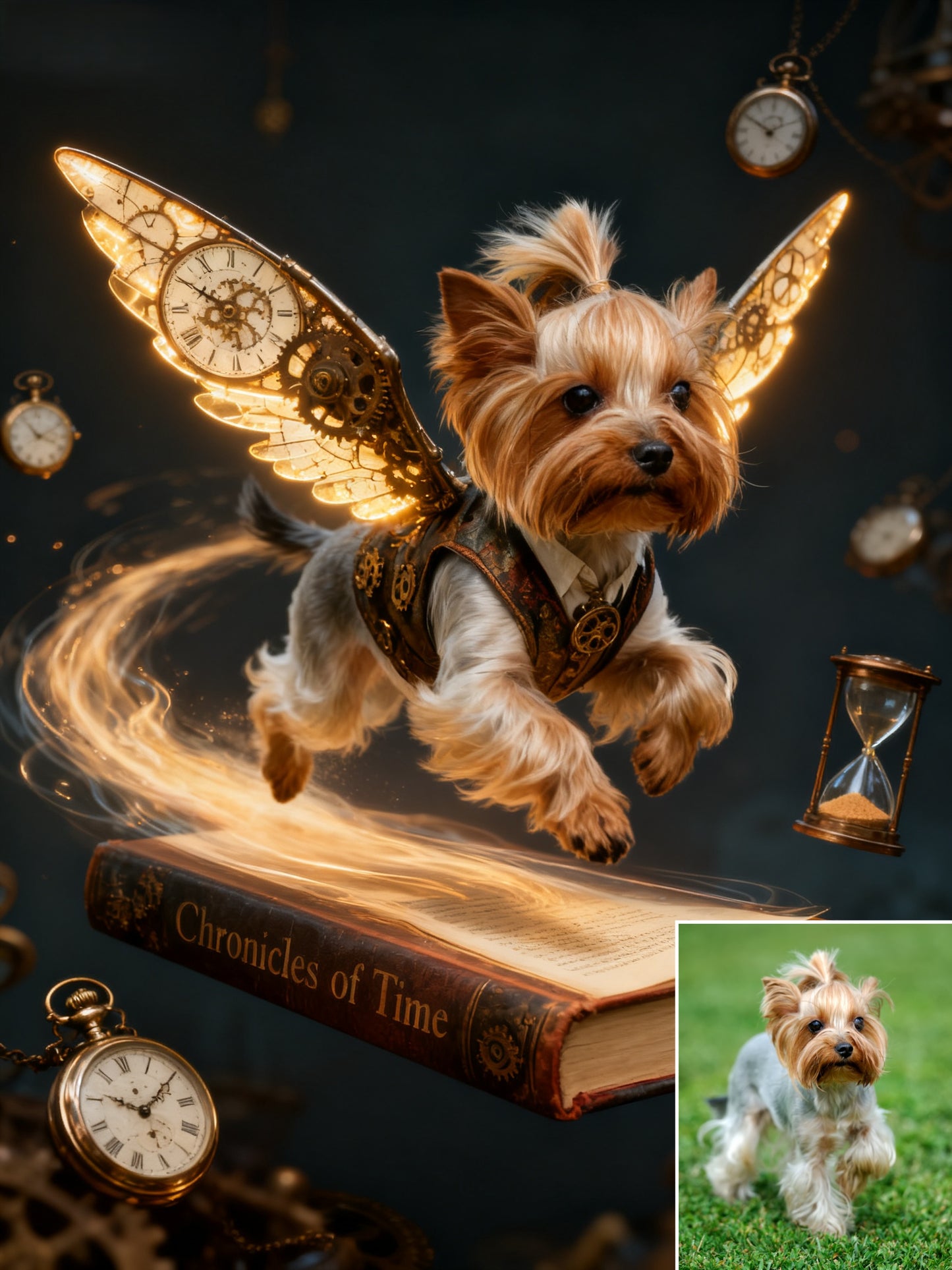 The Aetherwing Chronographer Custom Pet Portrait | Steampunk Pet Art with Gear Wings | Time Traveler Fantasy Decor