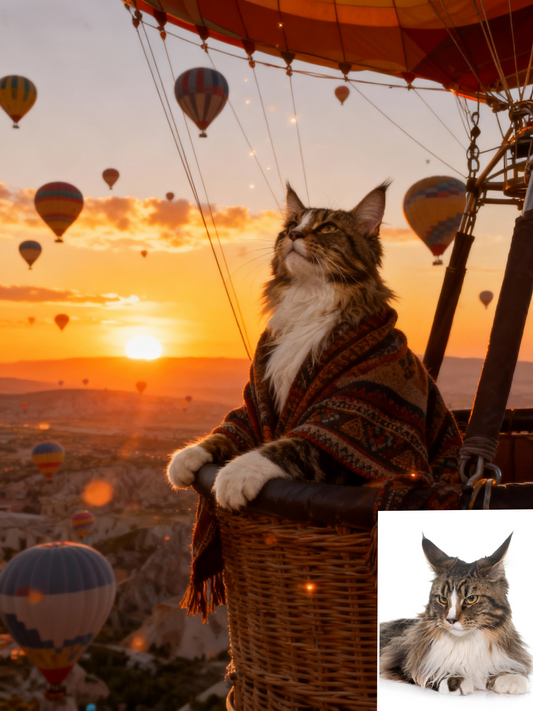The Sky Wanderer Custom Pet Portrait, Air Balloon Adventure Art in Golden Hour Scenery