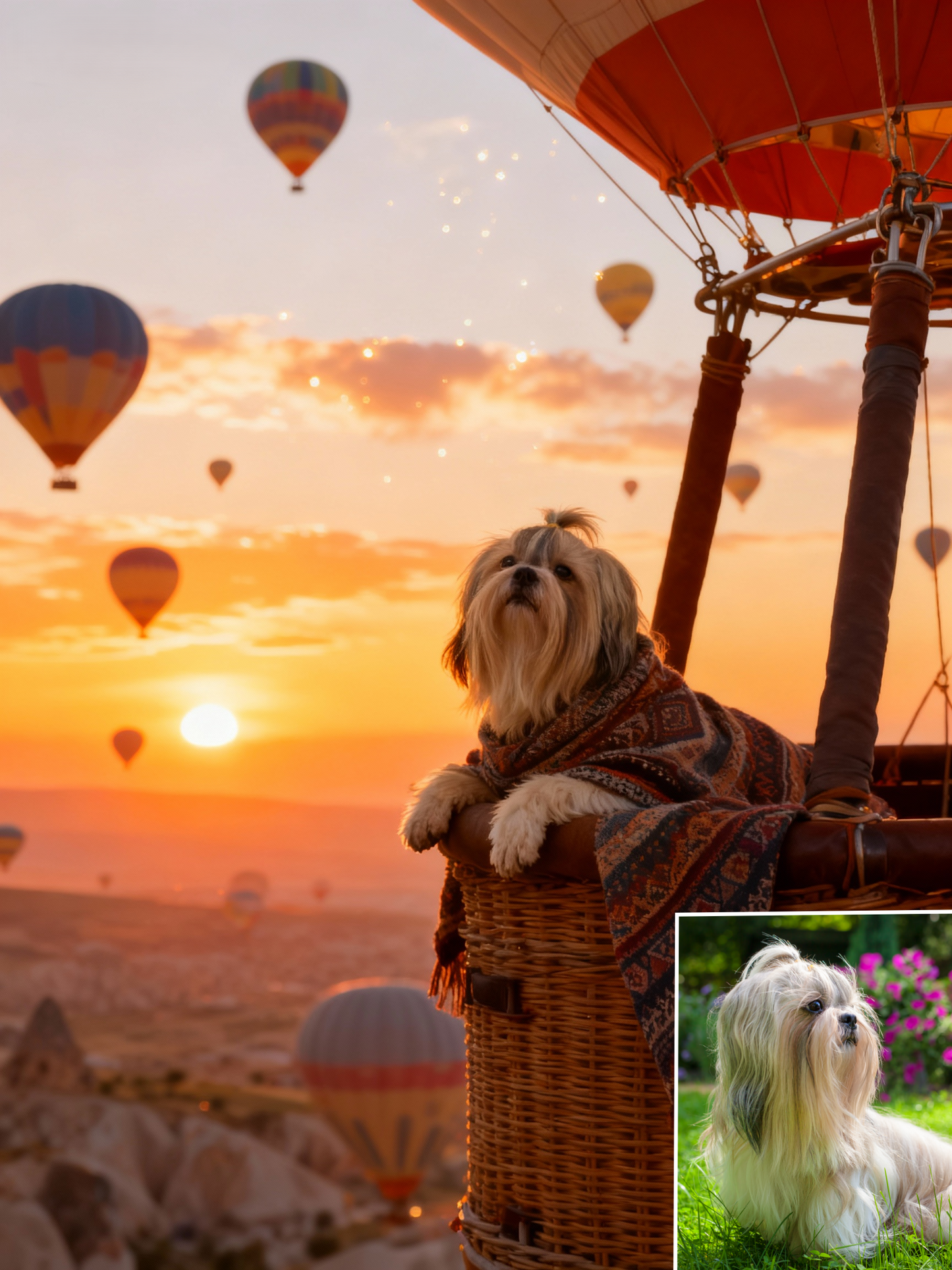 The Sky Wanderer Custom Pet Portrait, Air Balloon Adventure Art in Golden Hour Scenery