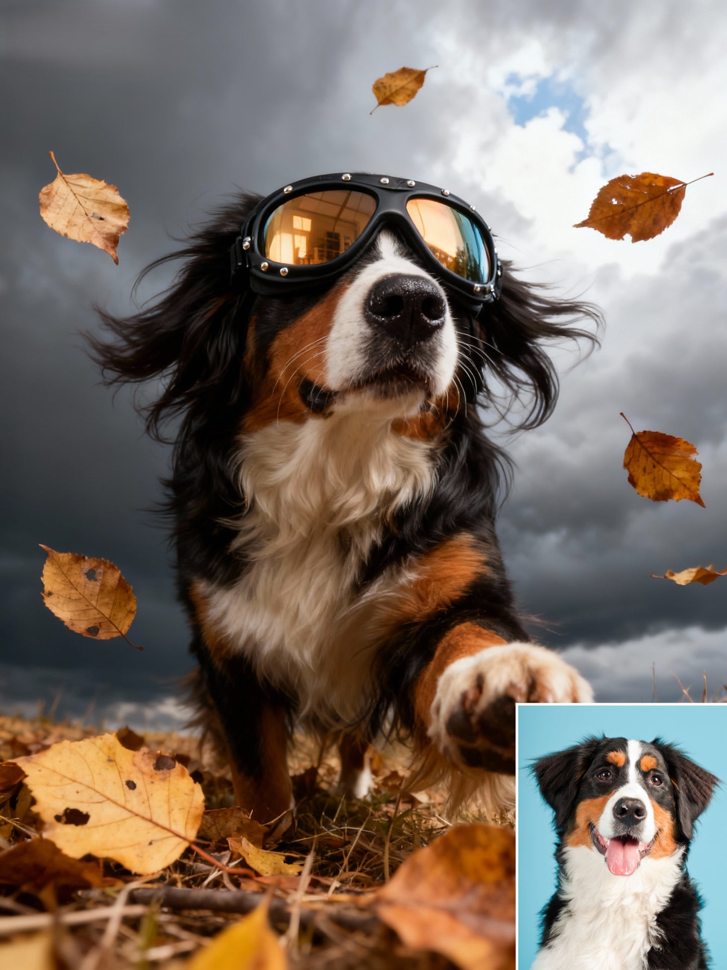The Autumn Storm Rider Pet Portrait | Custom Aviator Goggles Adventure Art | Dynamic Fall Biker Canvas