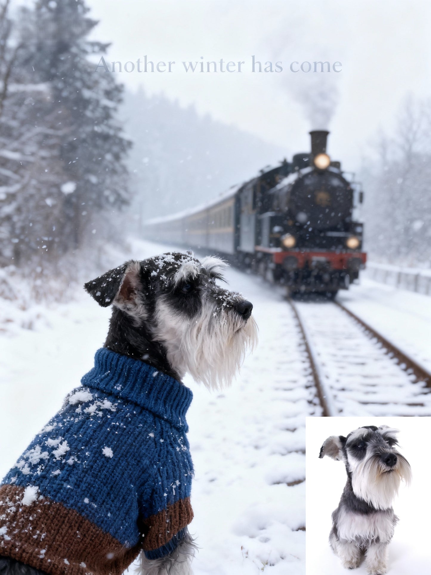 The Polar Express Pet Portrait | Custom Winter Train Adventure Art | Cozy Sweater on Snowy Tracks Canvas