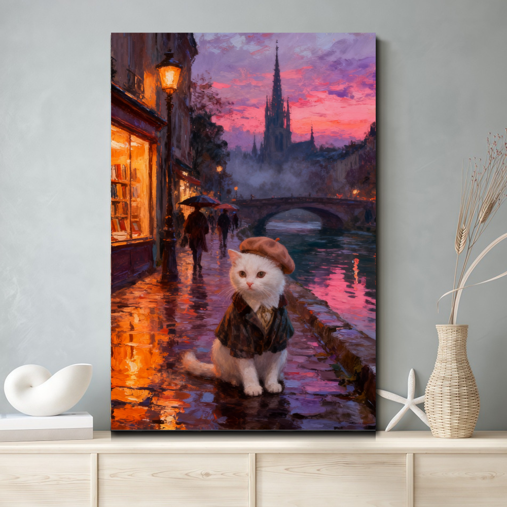 A Parisian Stroll Pet Portrait, Custom Romantic Art Gift