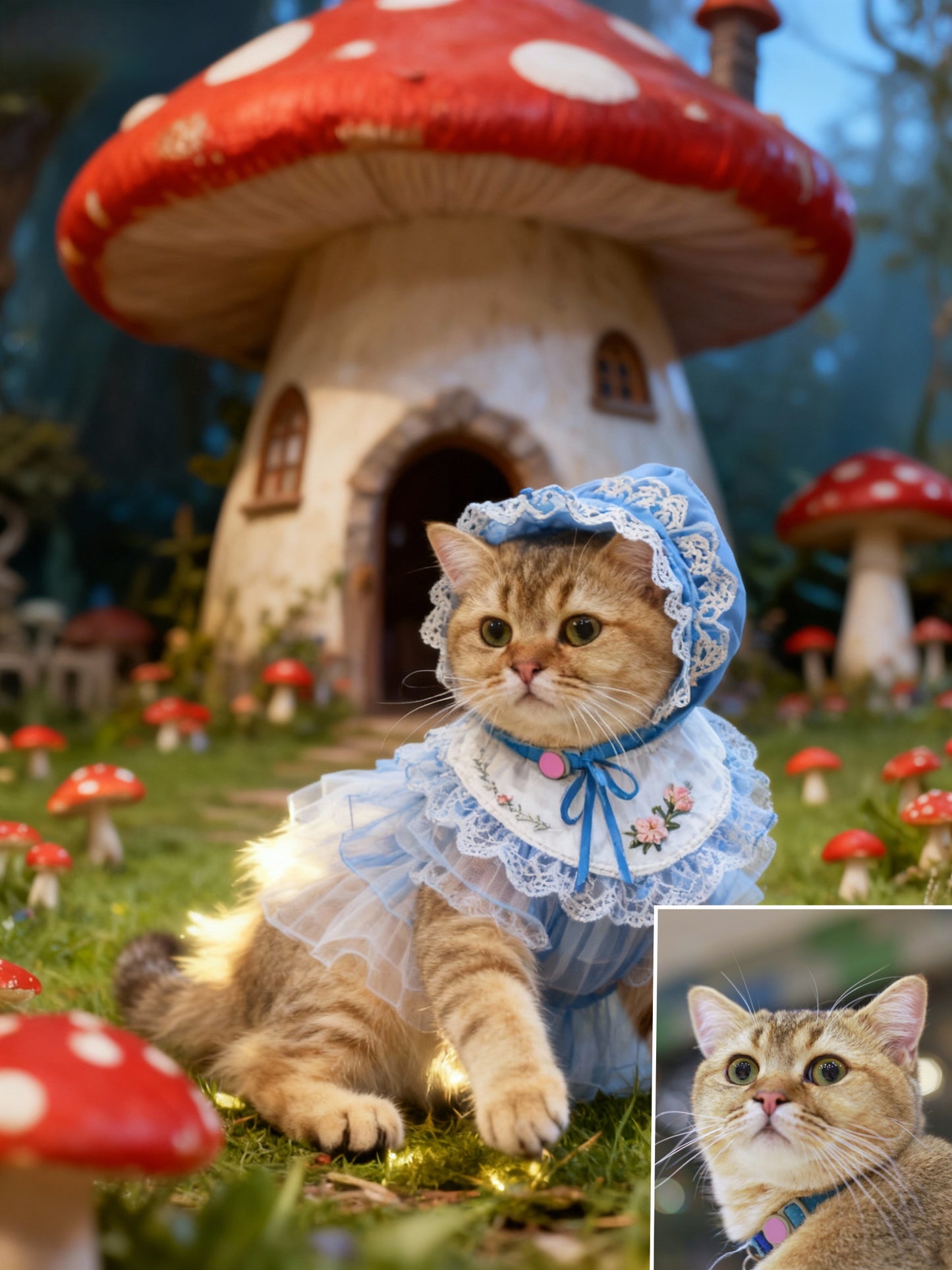 Wonderland Explorer Pet Portrait | Custom Fairy Tale Mushroom Forest Art | Blue Lace Dress & Bonnet