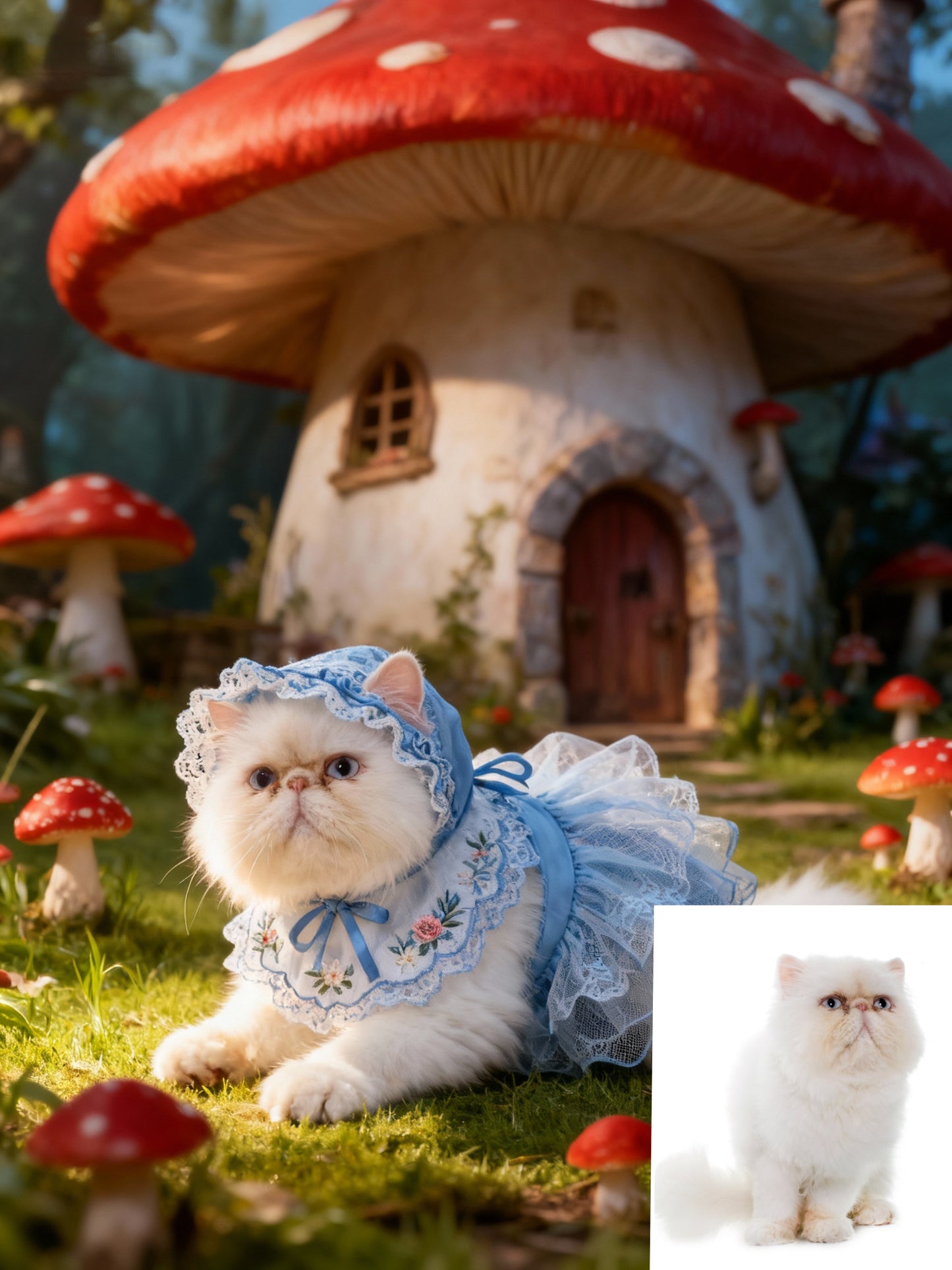 Wonderland Explorer Pet Portrait | Custom Fairy Tale Mushroom Forest Art | Blue Lace Dress & Bonnet