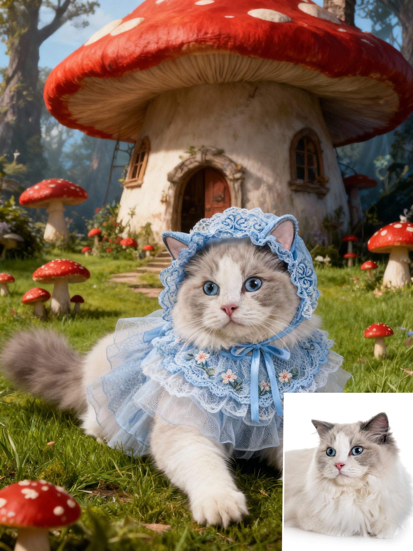 Wonderland Explorer Pet Portrait | Custom Fairy Tale Mushroom Forest Art | Blue Lace Dress & Bonnet