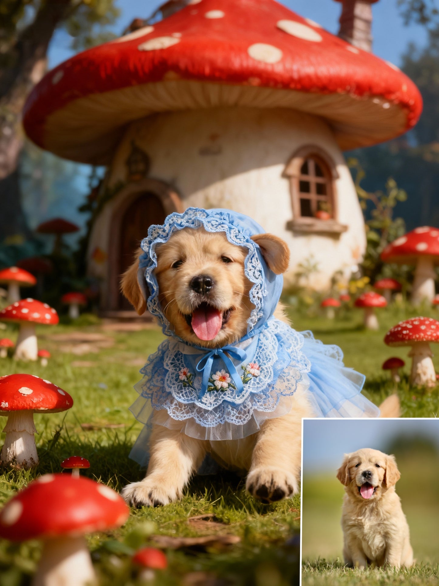 Wonderland Explorer Pet Portrait | Custom Fairy Tale Mushroom Forest Art | Blue Lace Dress & Bonnet