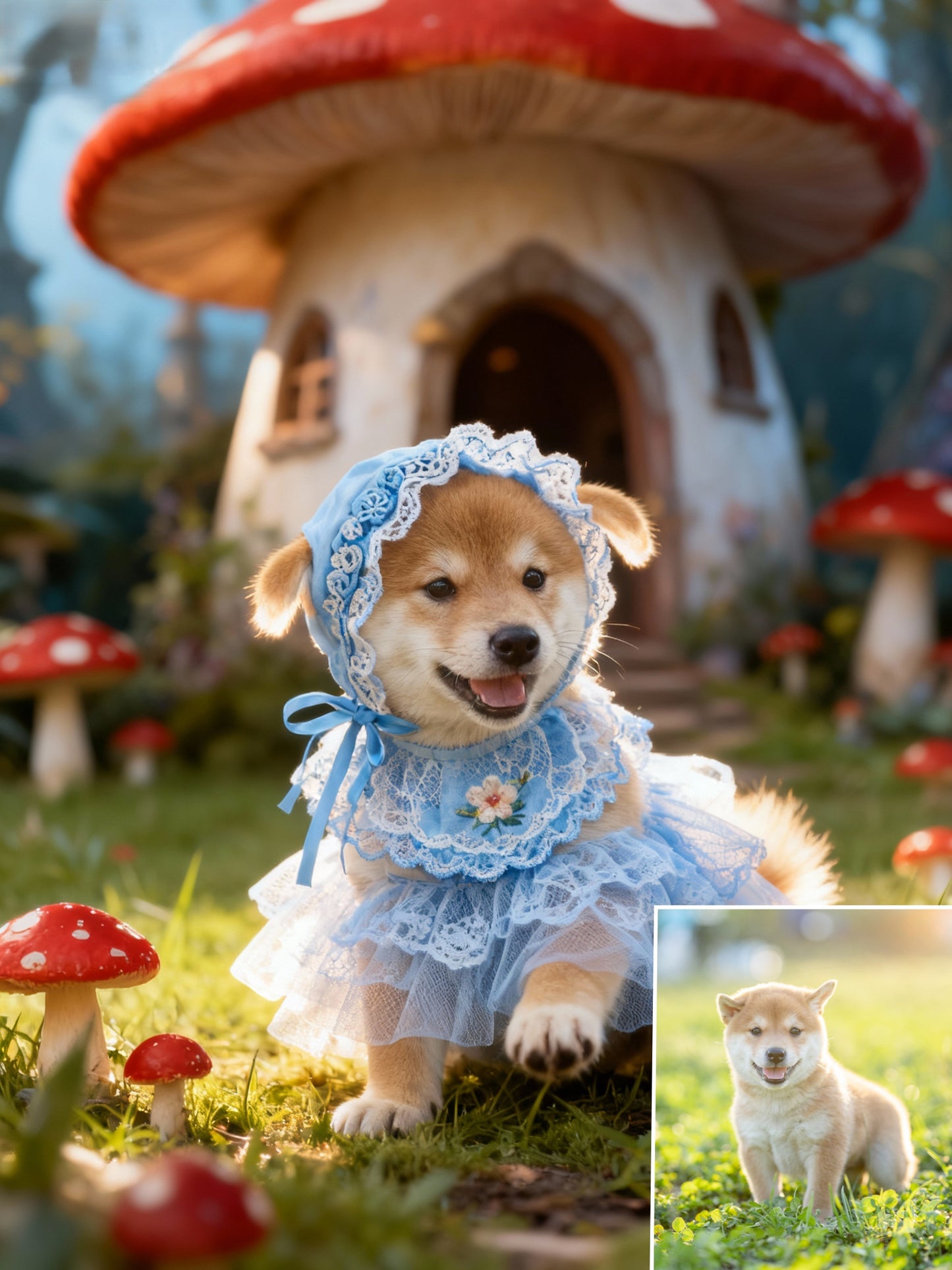 Wonderland Explorer Pet Portrait | Custom Fairy Tale Mushroom Forest Art | Blue Lace Dress & Bonnet