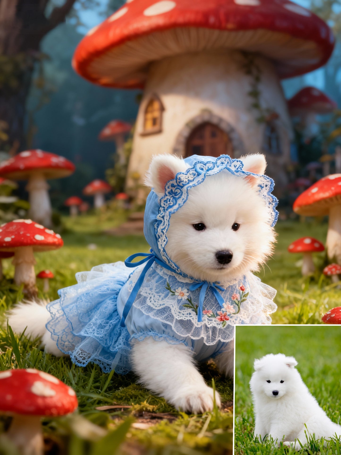 Wonderland Explorer Pet Portrait | Custom Fairy Tale Mushroom Forest Art | Blue Lace Dress & Bonnet