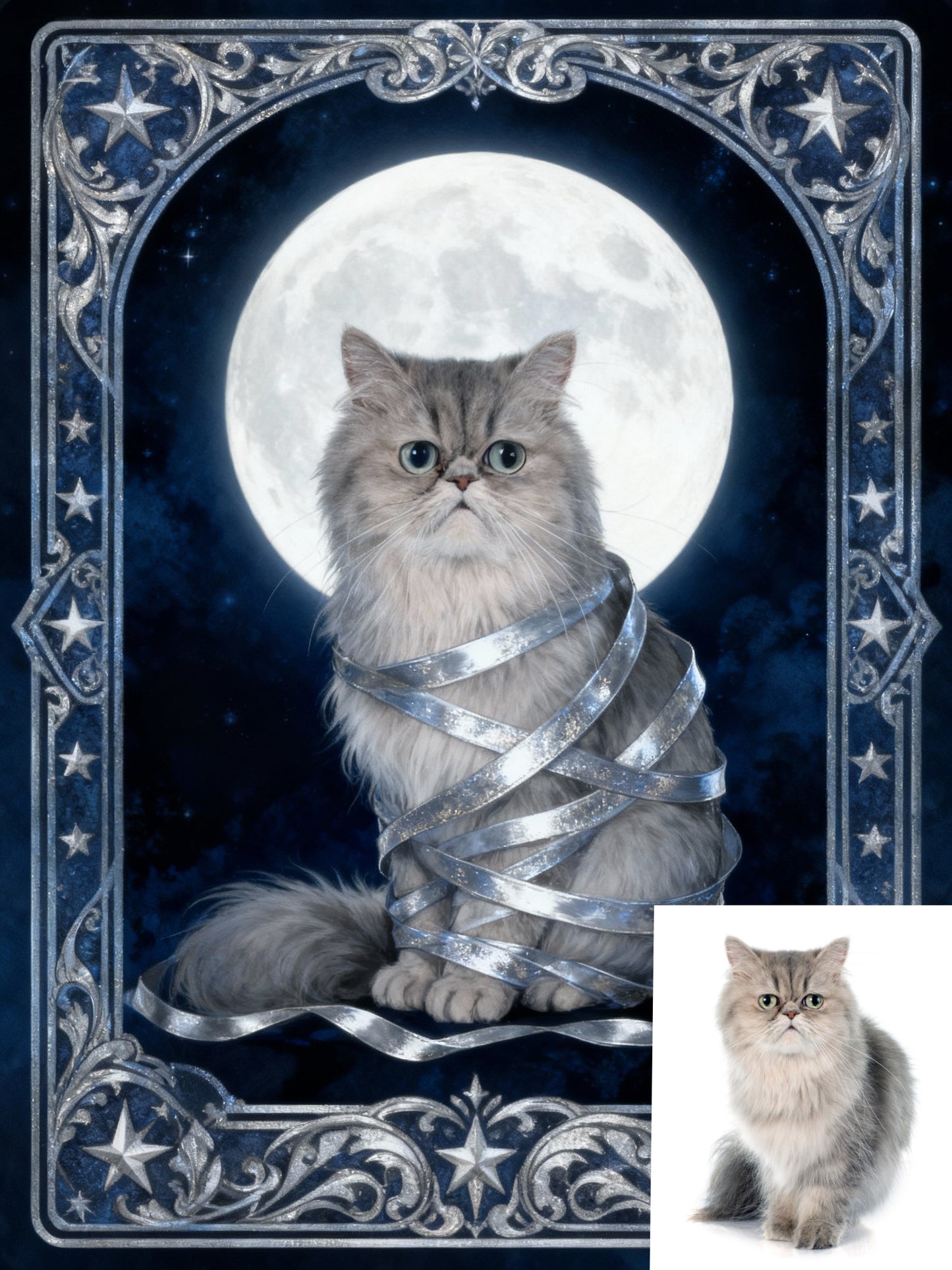 The Star Guardian Pet Portrait | Custom Tarot Card Style Art | Lunar Messenger & Silver Filigree Frame