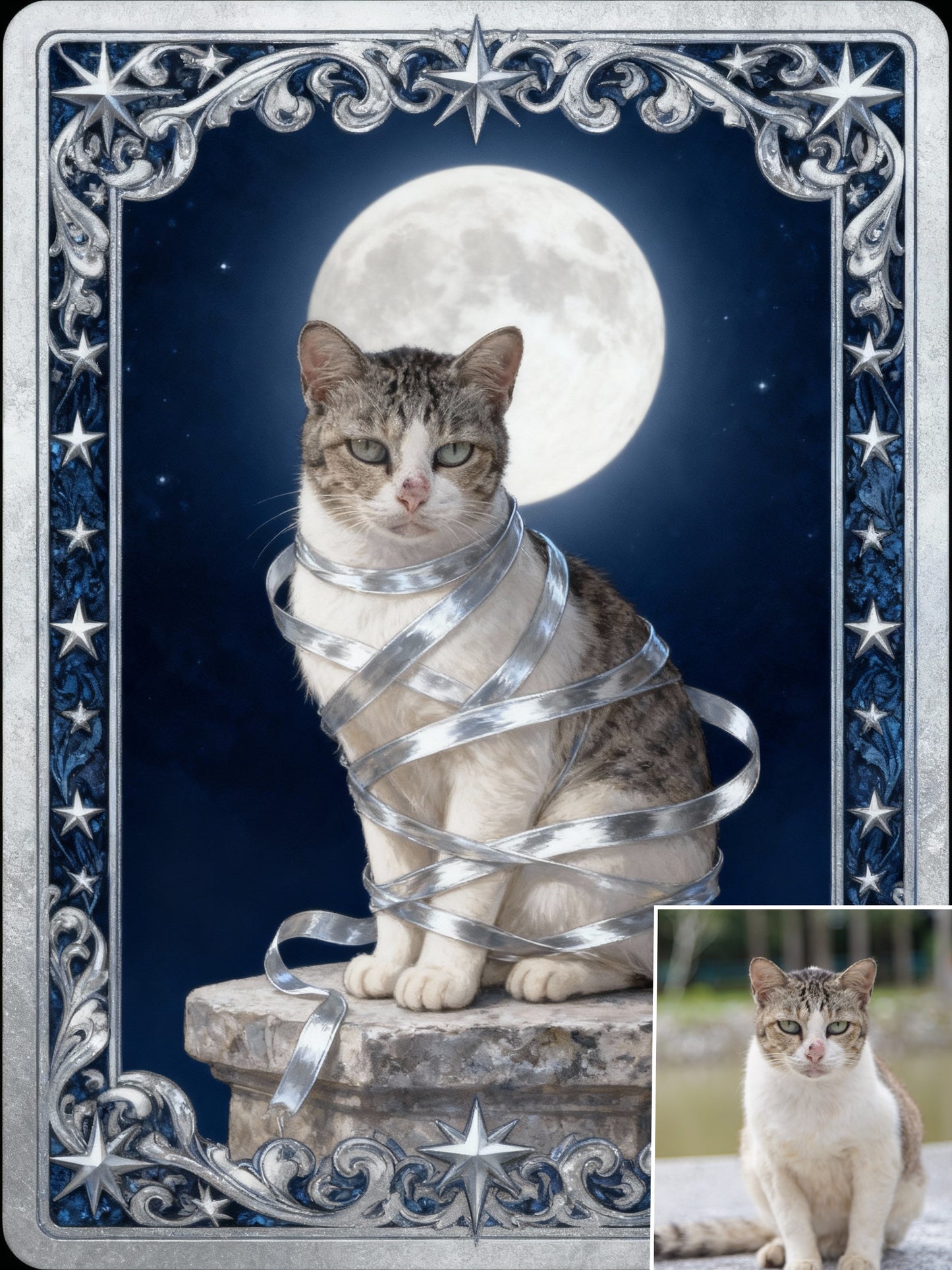 The Star Guardian Pet Portrait | Custom Tarot Card Style Art | Lunar Messenger & Silver Filigree Frame