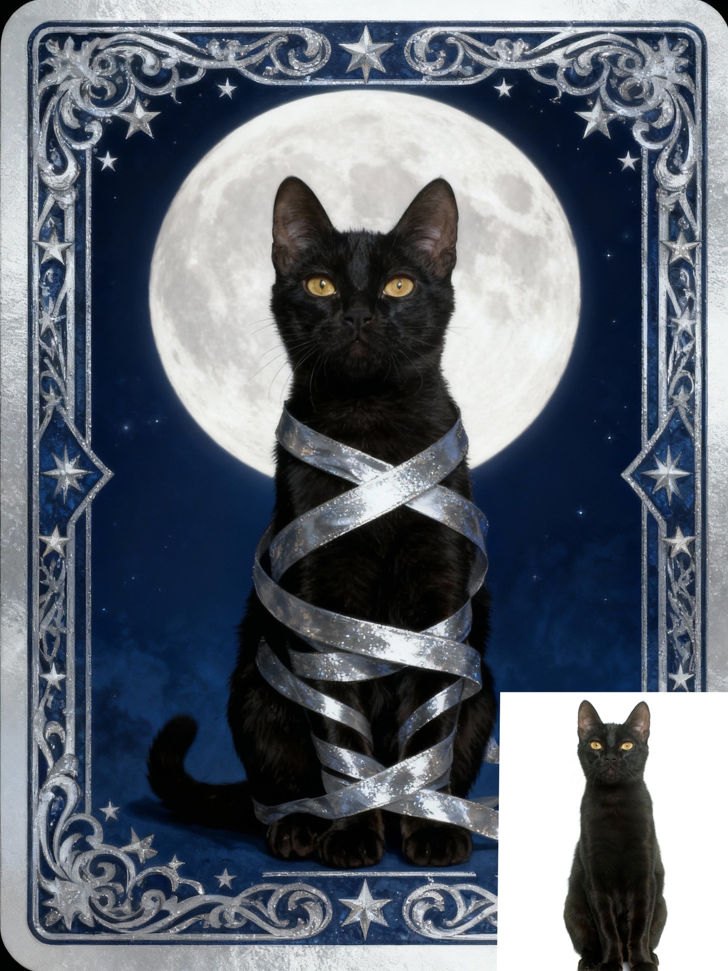 The Star Guardian Pet Portrait | Custom Tarot Card Style Art | Lunar Messenger & Silver Filigree Frame