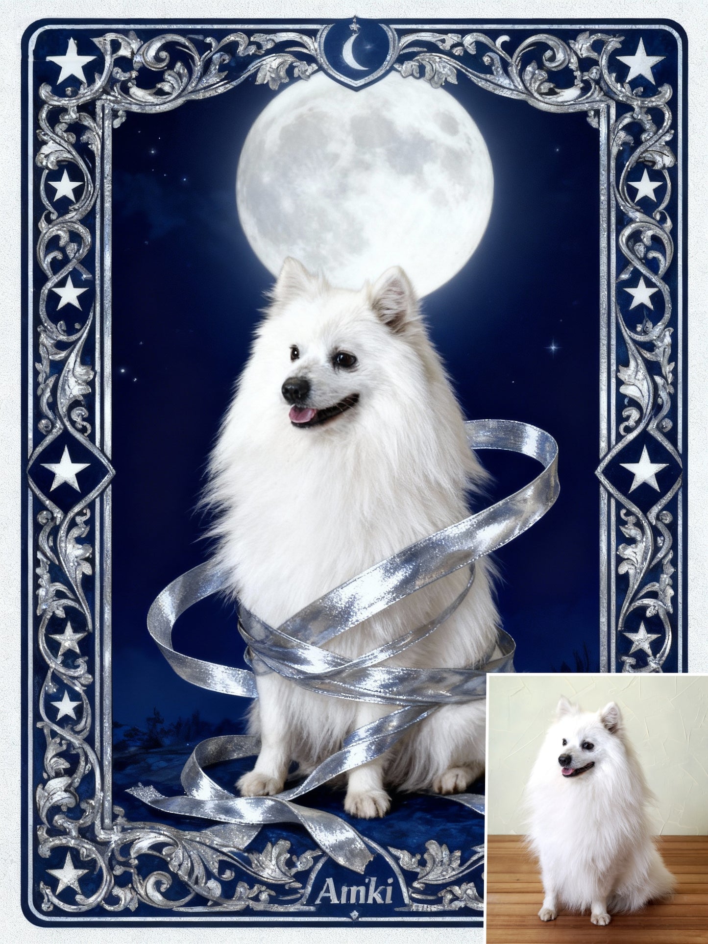 The Star Guardian Pet Portrait | Custom Tarot Card Style Art | Lunar Messenger & Silver Filigree Frame