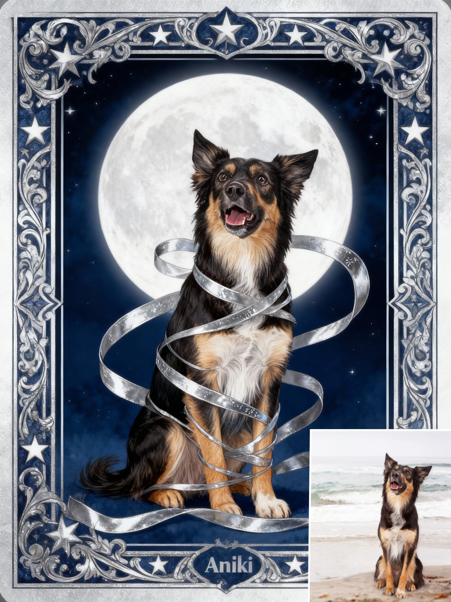 The Star Guardian Pet Portrait | Custom Tarot Card Style Art | Lunar Messenger & Silver Filigree Frame