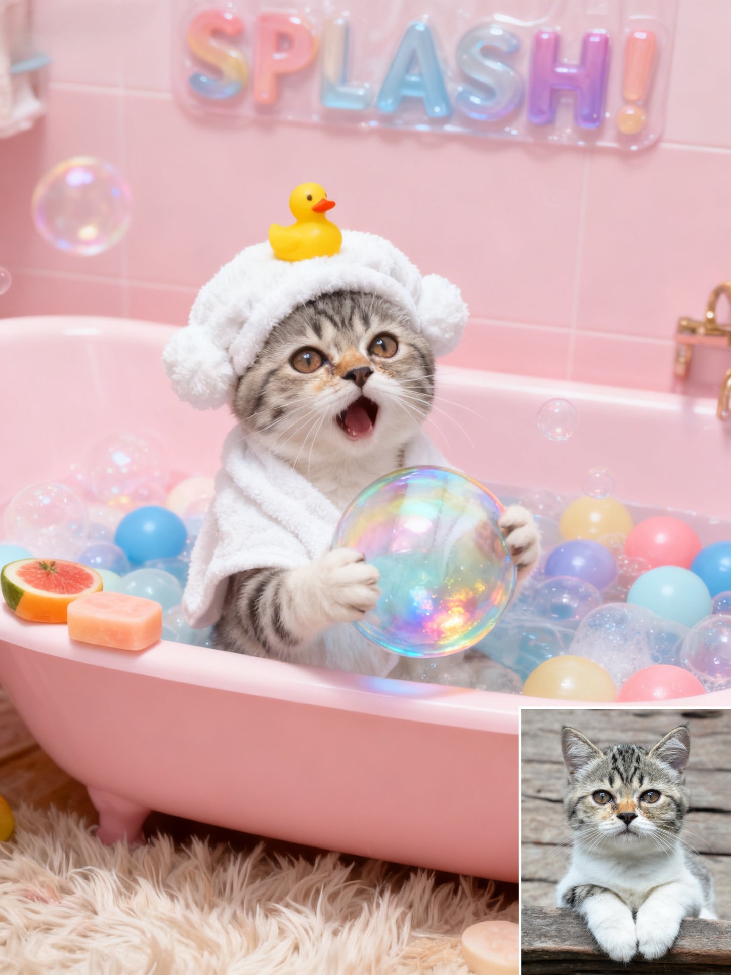 The Pink Bubble Bliss Pet Portrait, Custom Pet in Bathrobe with Rubber Ducky