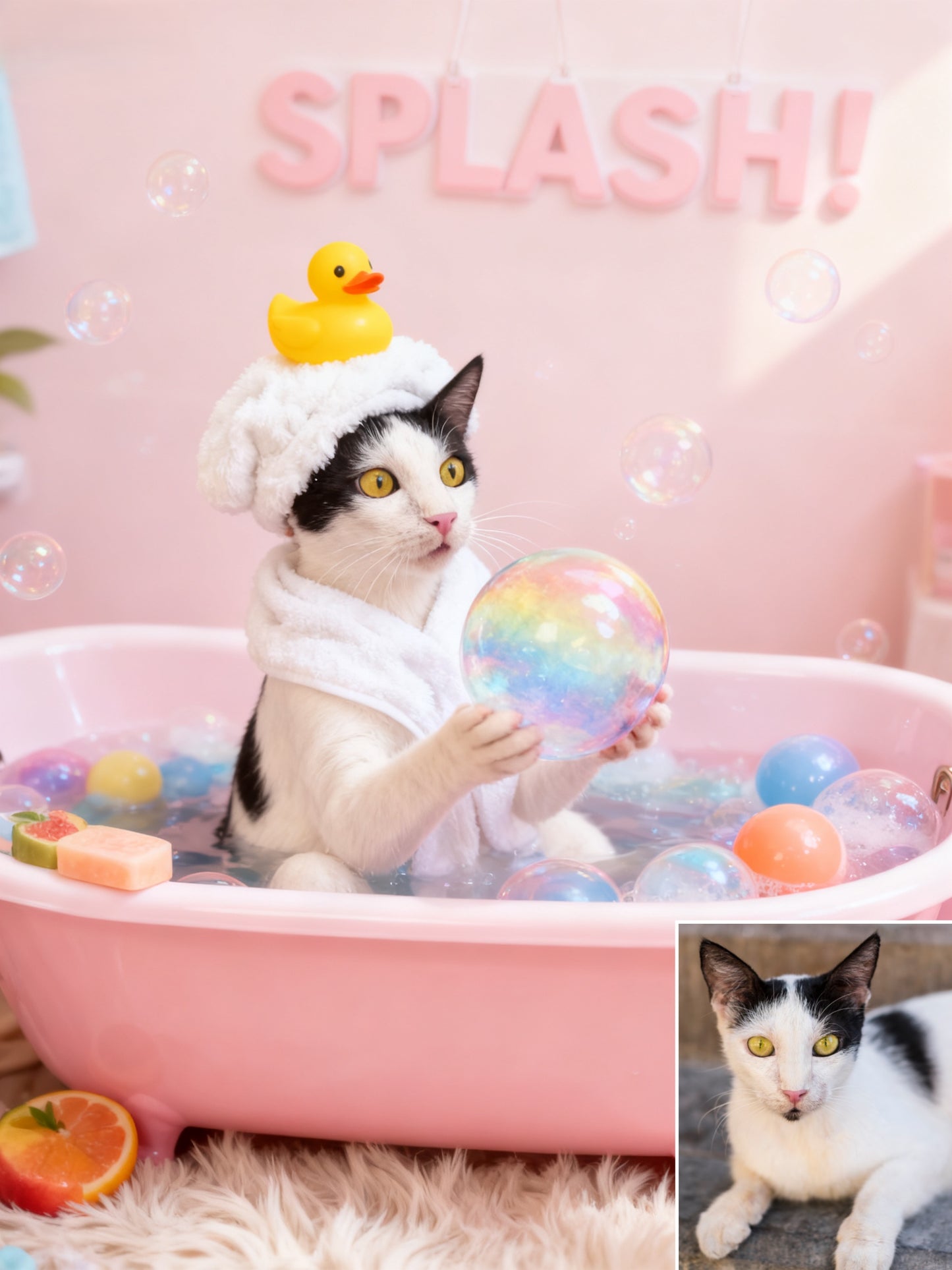 The Pink Bubble Bliss Pet Portrait, Custom Pet in Bathrobe with Rubber Ducky