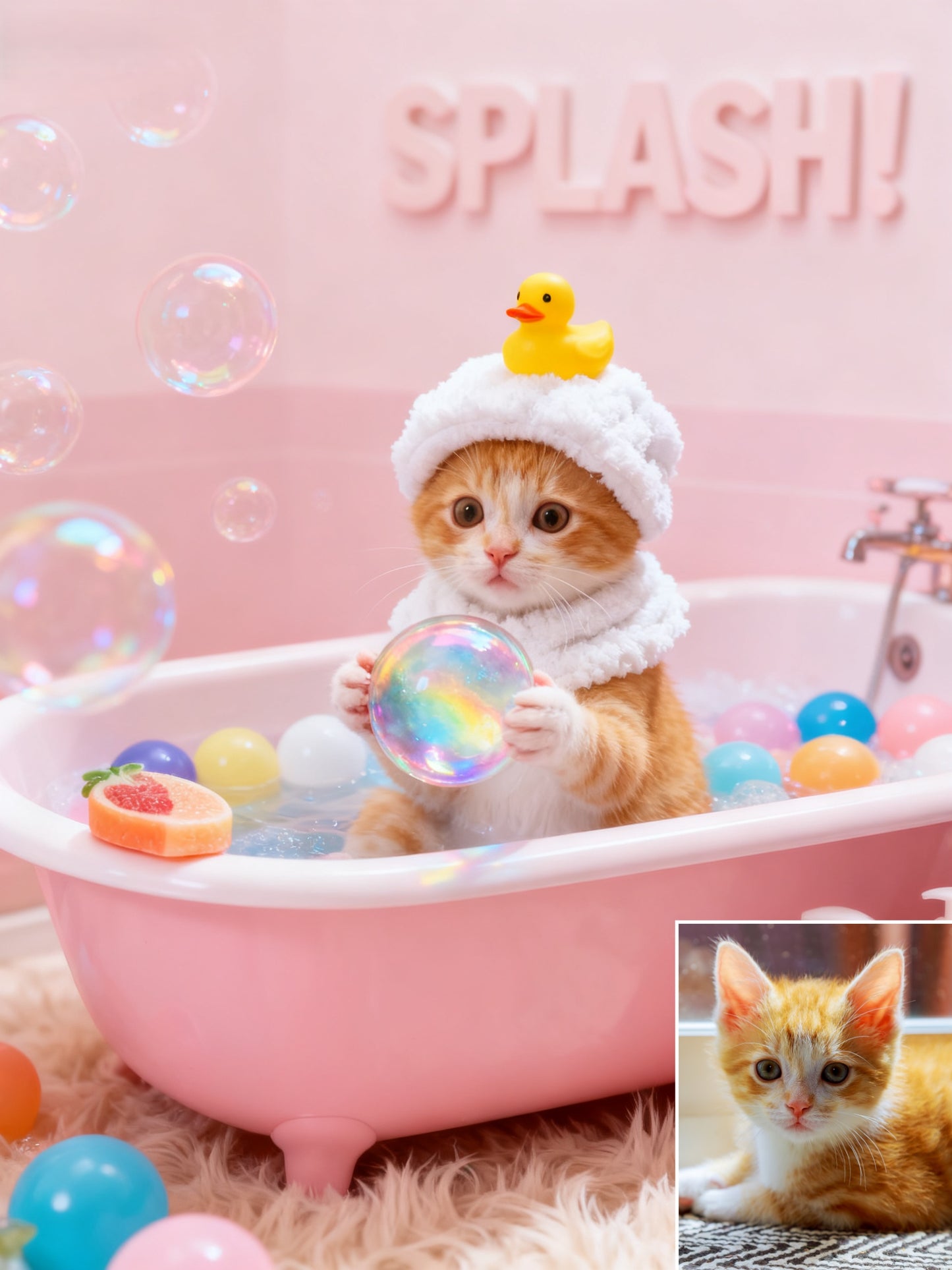 The Pink Bubble Bliss Pet Portrait, Custom Pet in Bathrobe with Rubber Ducky