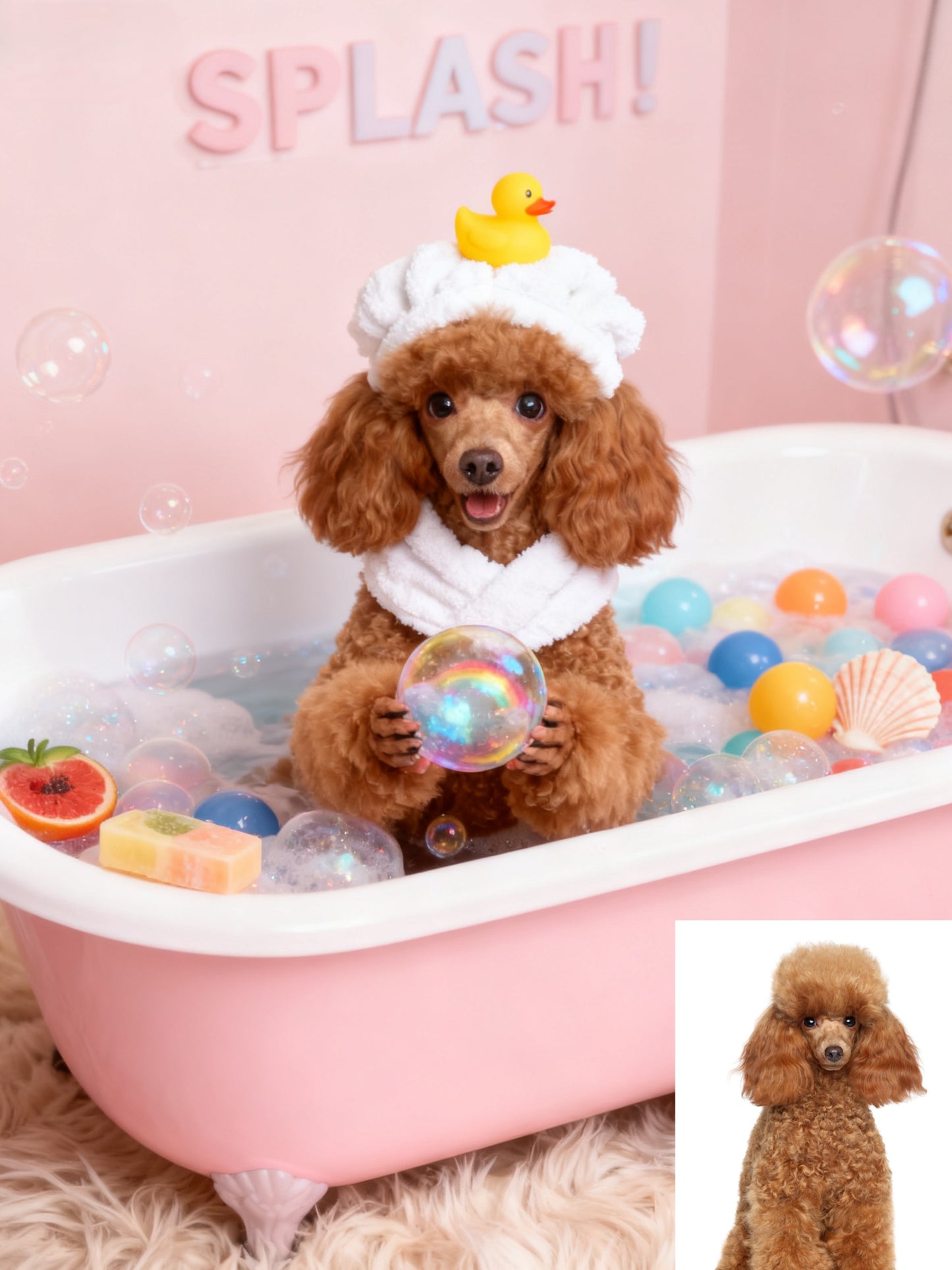 The Pink Bubble Bliss Pet Portrait, Custom Pet in Bathrobe with Rubber Ducky