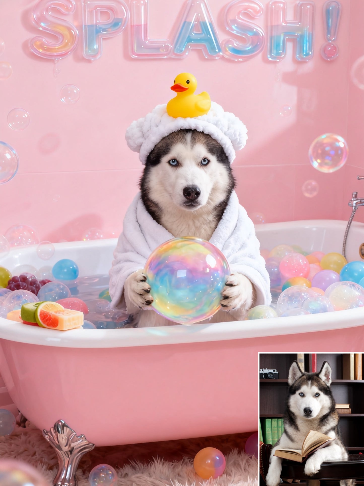 The Pink Bubble Bliss Pet Portrait, Custom Pet in Bathrobe with Rubber Ducky