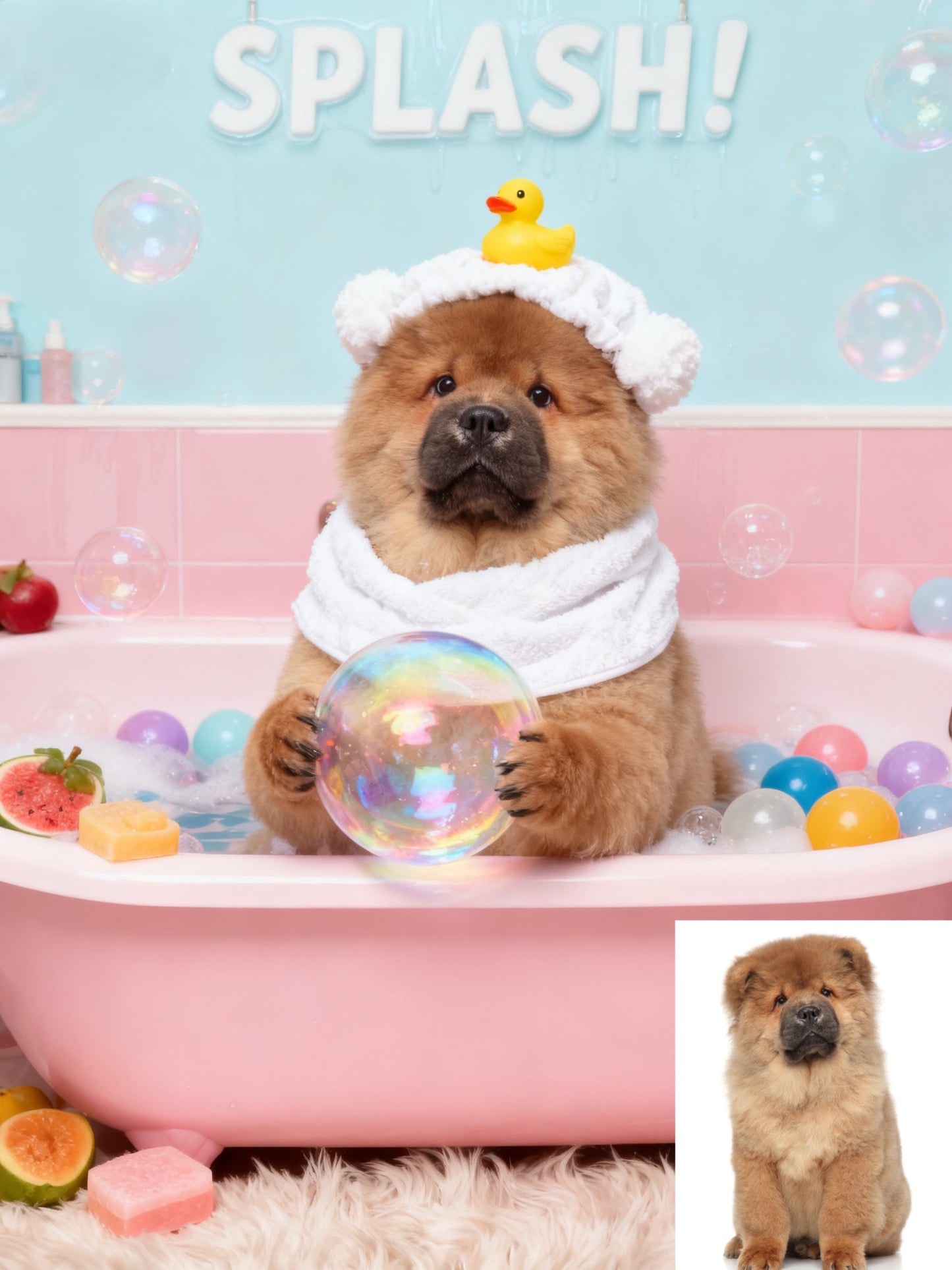 The Pink Bubble Bliss Pet Portrait, Custom Pet in Bathrobe with Rubber Ducky