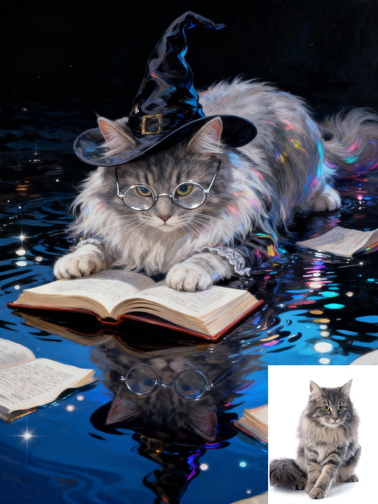 The Arcane Scholar Pet Portrait | Custom Wizard Hat & Glasses Magic Art | Holographic Reflection Canvas