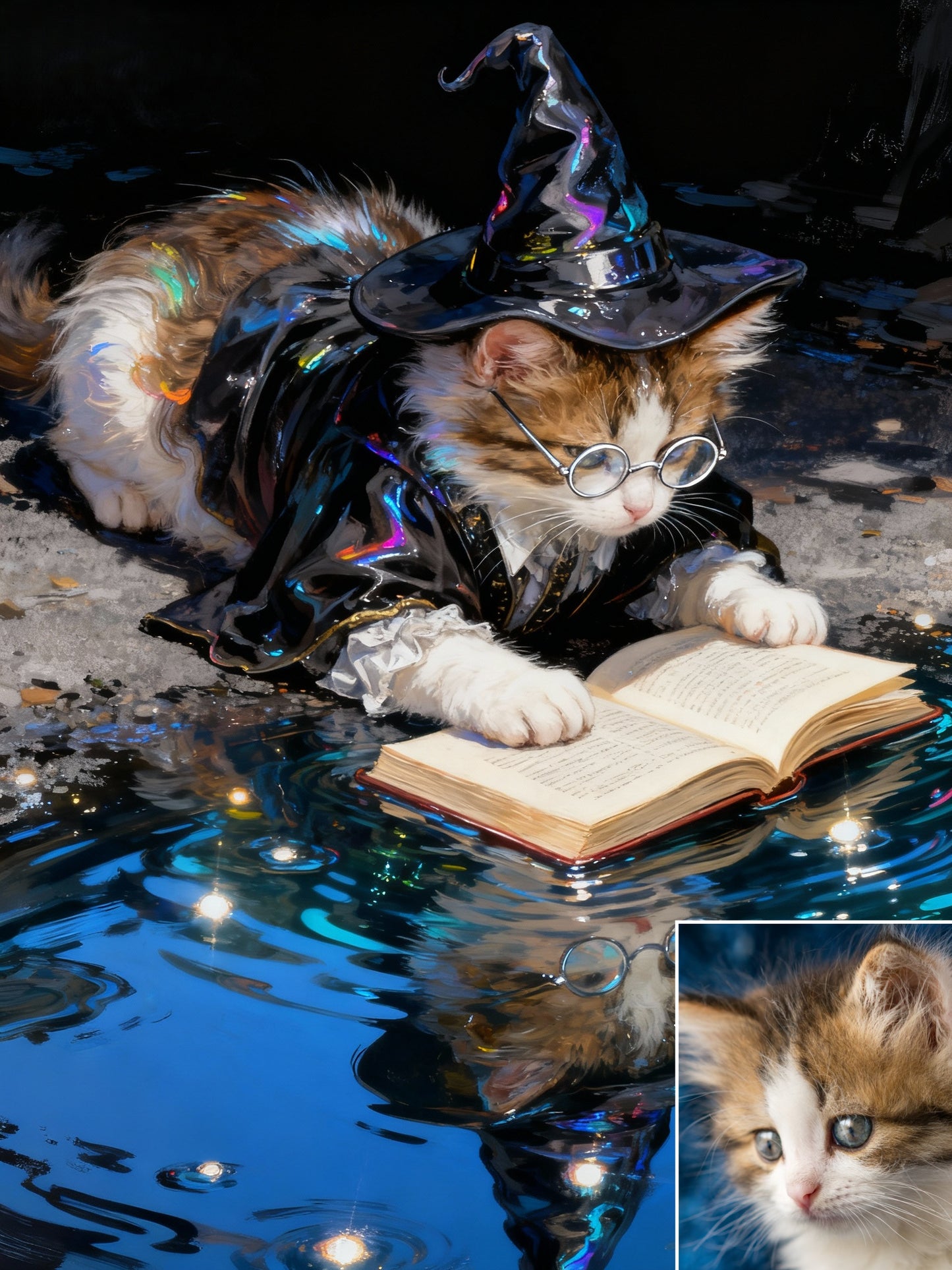The Arcane Scholar Pet Portrait | Custom Wizard Hat & Glasses Magic Art | Holographic Reflection Canvas