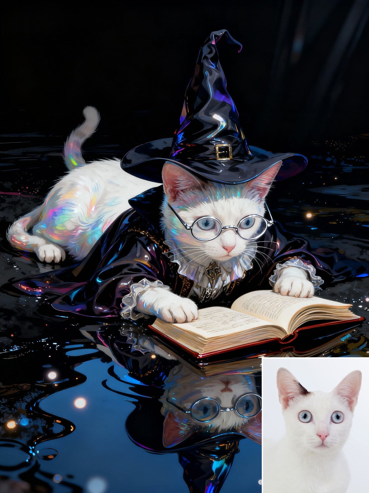 The Arcane Scholar Pet Portrait | Custom Wizard Hat & Glasses Magic Art | Holographic Reflection Canvas