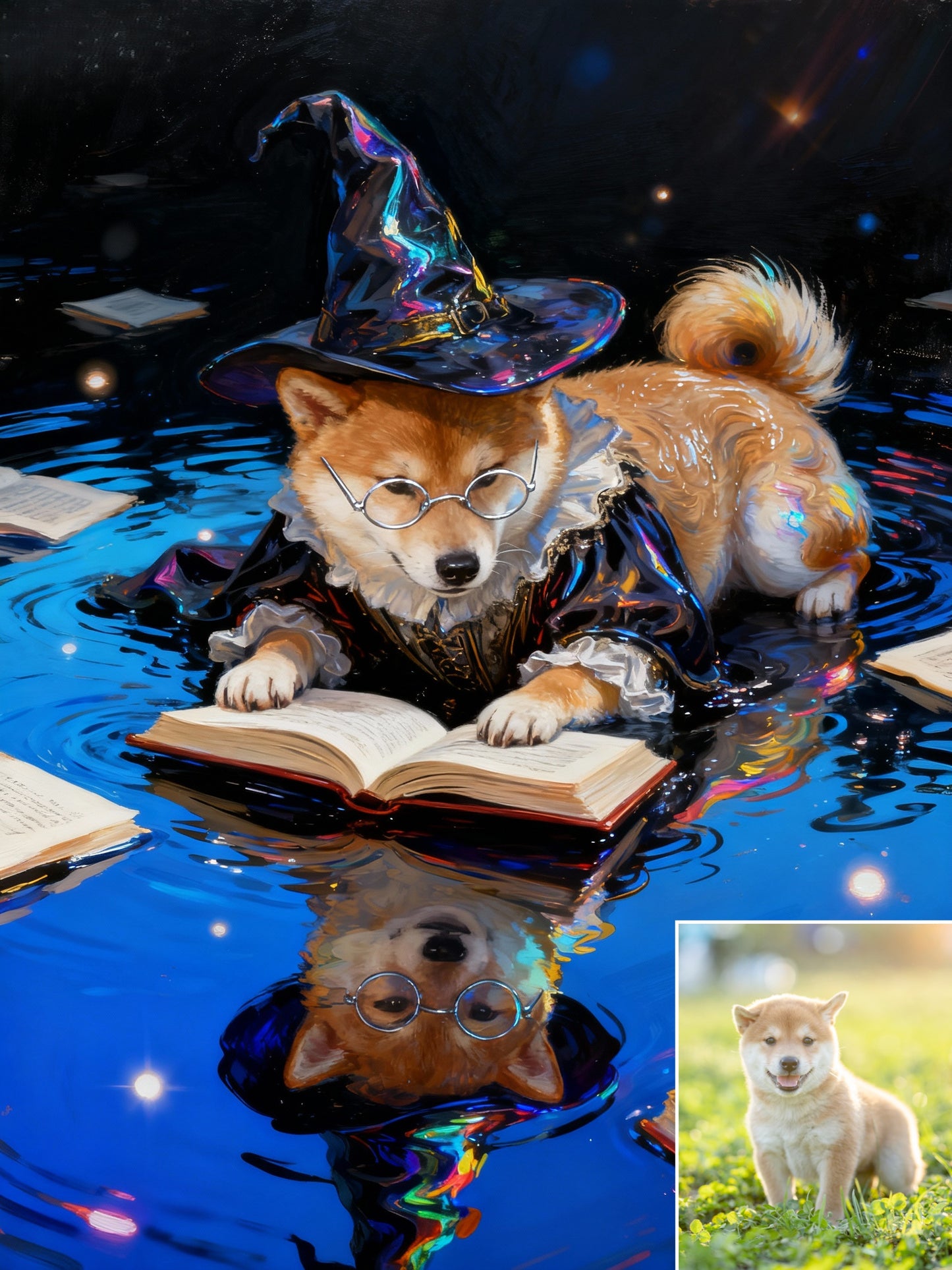 The Arcane Scholar Pet Portrait | Custom Wizard Hat & Glasses Magic Art | Holographic Reflection Canvas