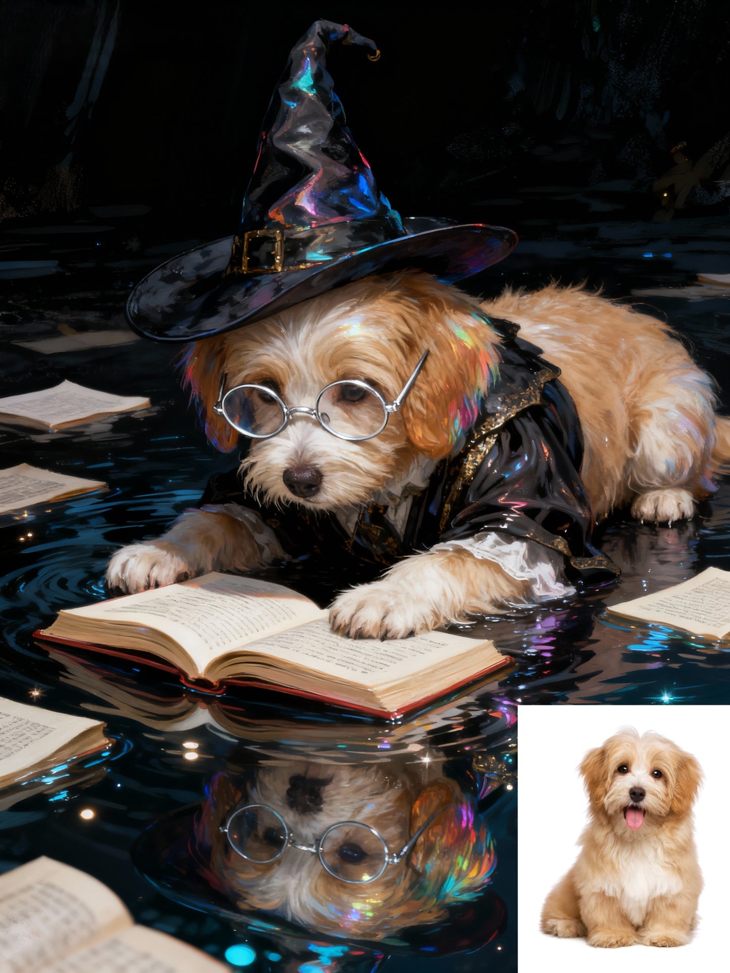 The Arcane Scholar Pet Portrait | Custom Wizard Hat & Glasses Magic Art | Holographic Reflection Canvas