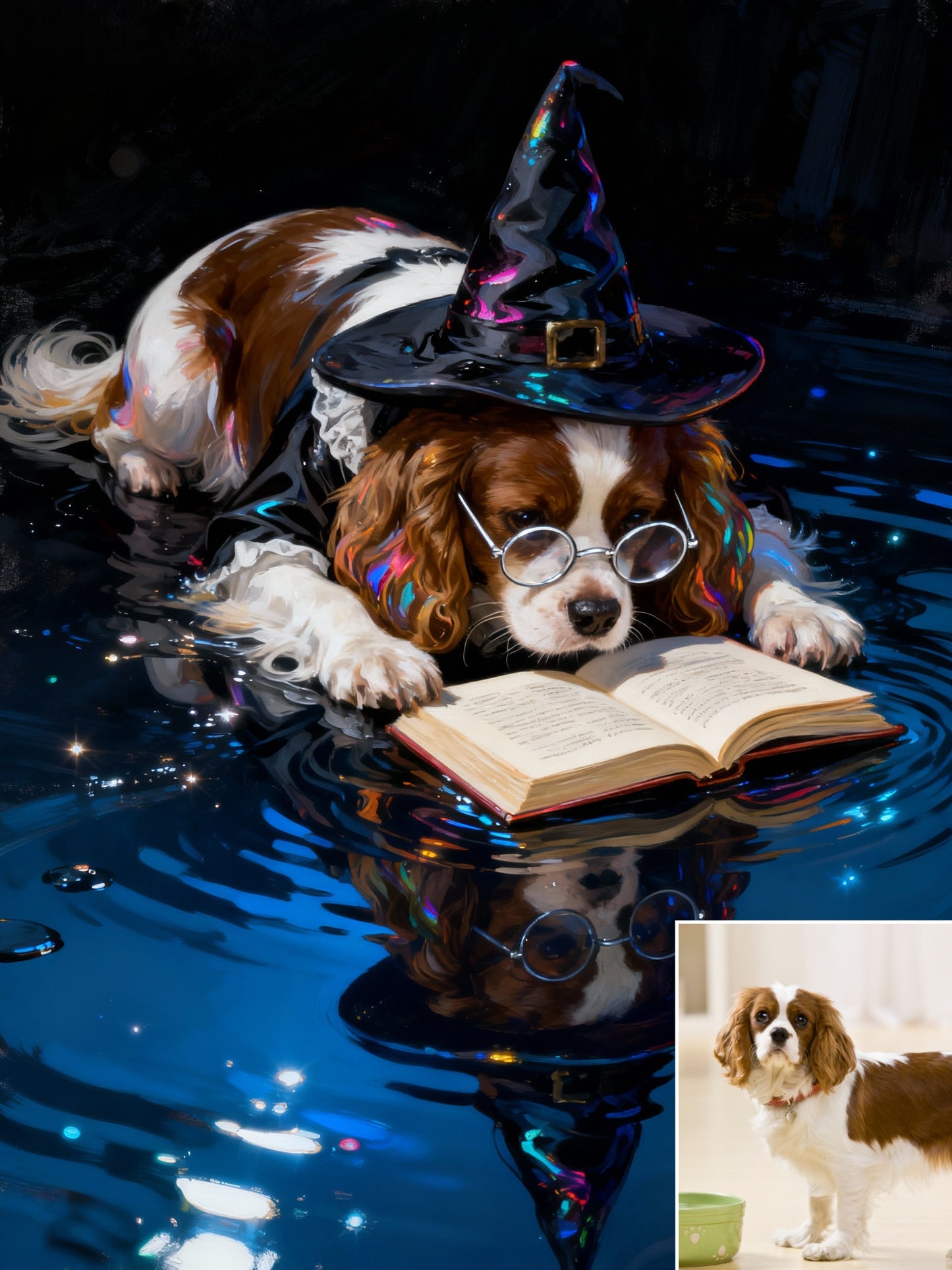 The Arcane Scholar Pet Portrait | Custom Wizard Hat & Glasses Magic Art | Holographic Reflection Canvas