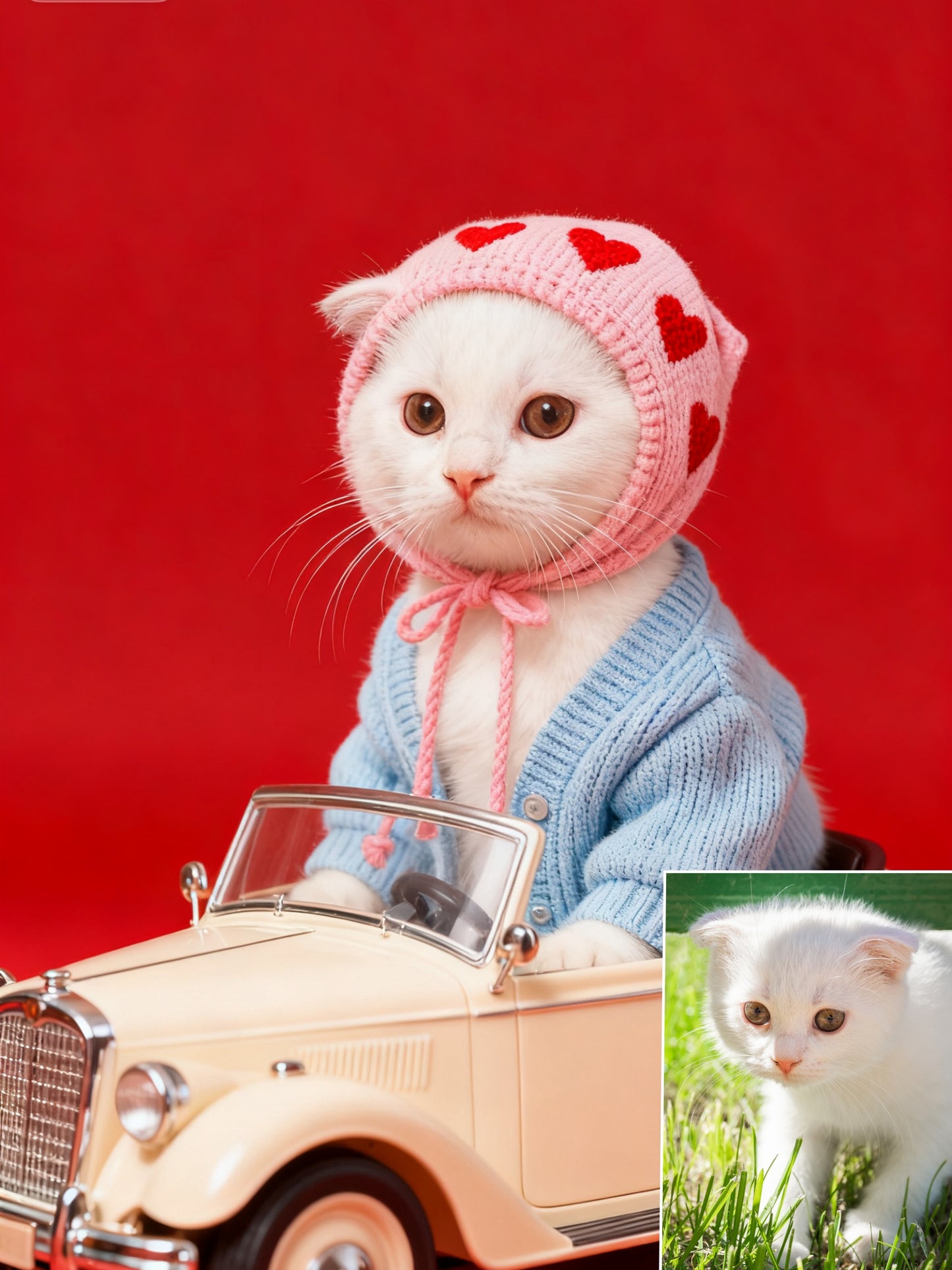 The Love Bug Custom Pet Portrait, Retro Pet in Car with Hearts & Sweater